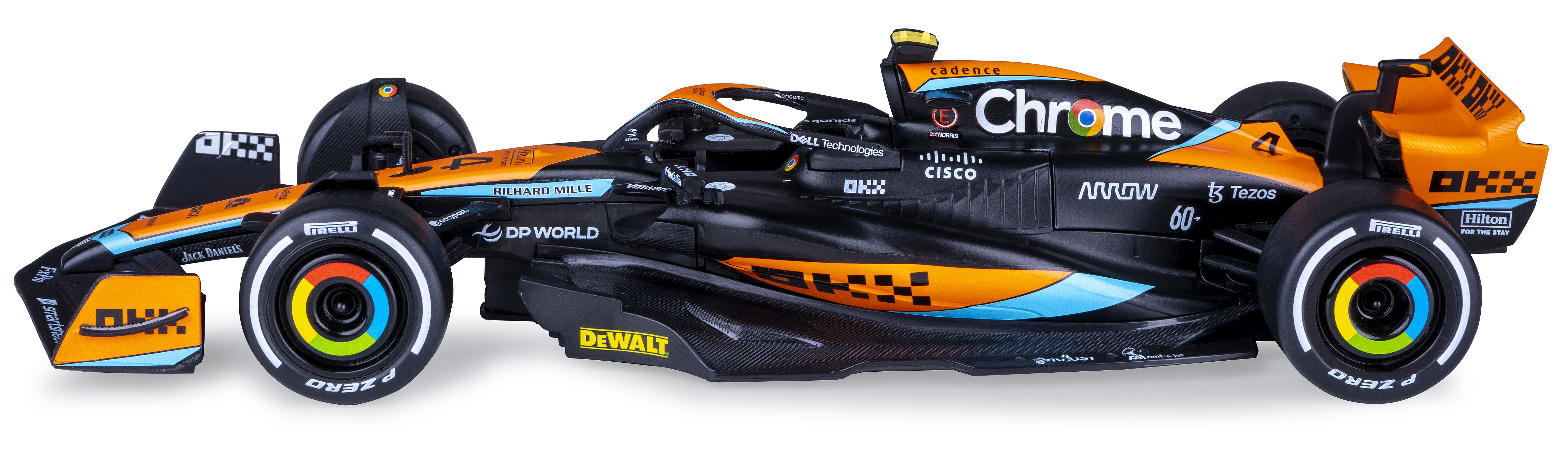Ein schwarzer und orangefarbener McLaren Formel-1-Wagen. Er hat verschiedene Sponsorenlogos und farbige Räder auf weißem Hintergrund.
