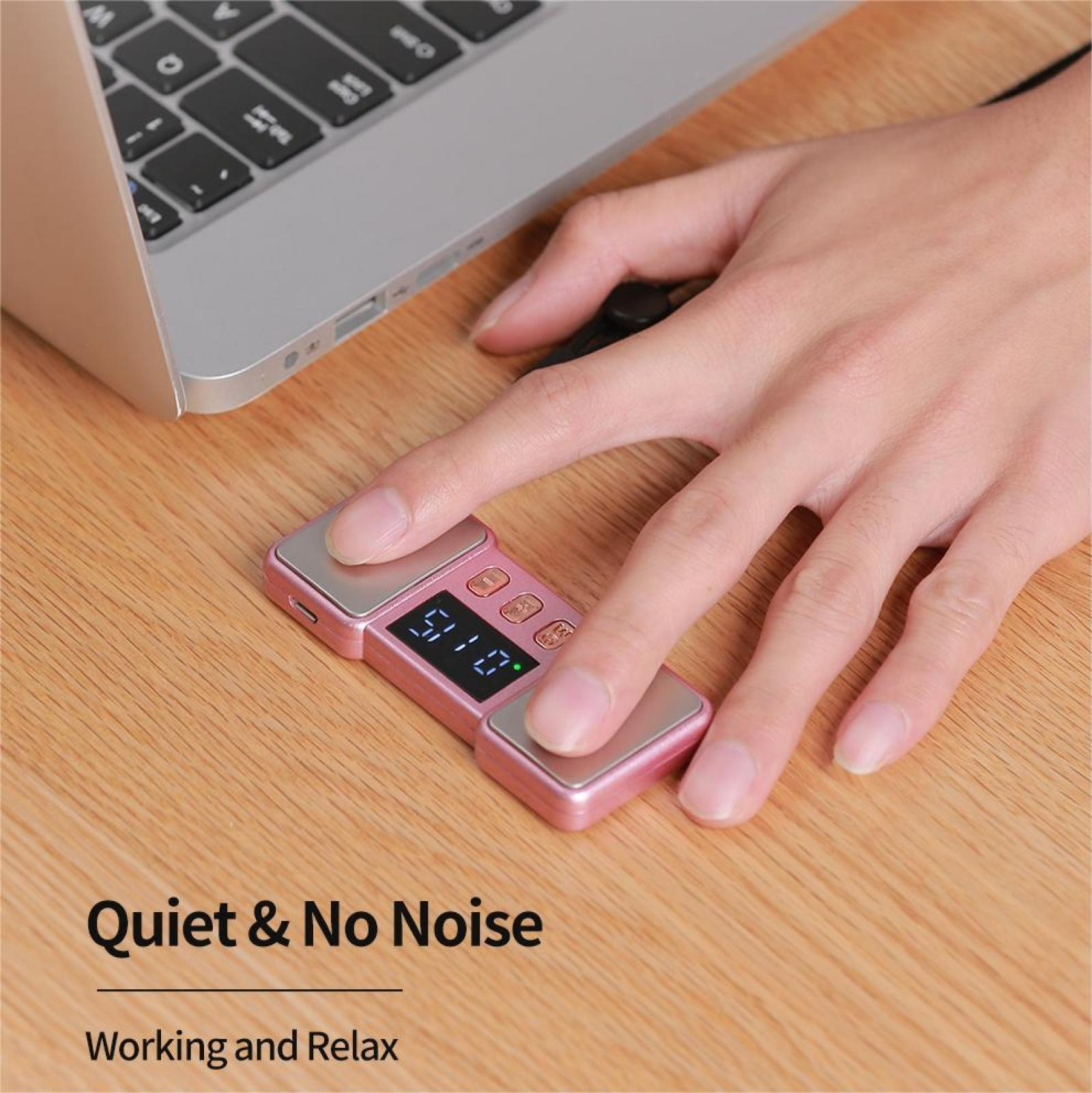 Eine Hand berührt eine rosa Waage. Ein Laptop befindet sich im Hintergrund. Der Text 'Quiet & No Noise' und 'Working and Relax' sind ebenfalls sichtbar.