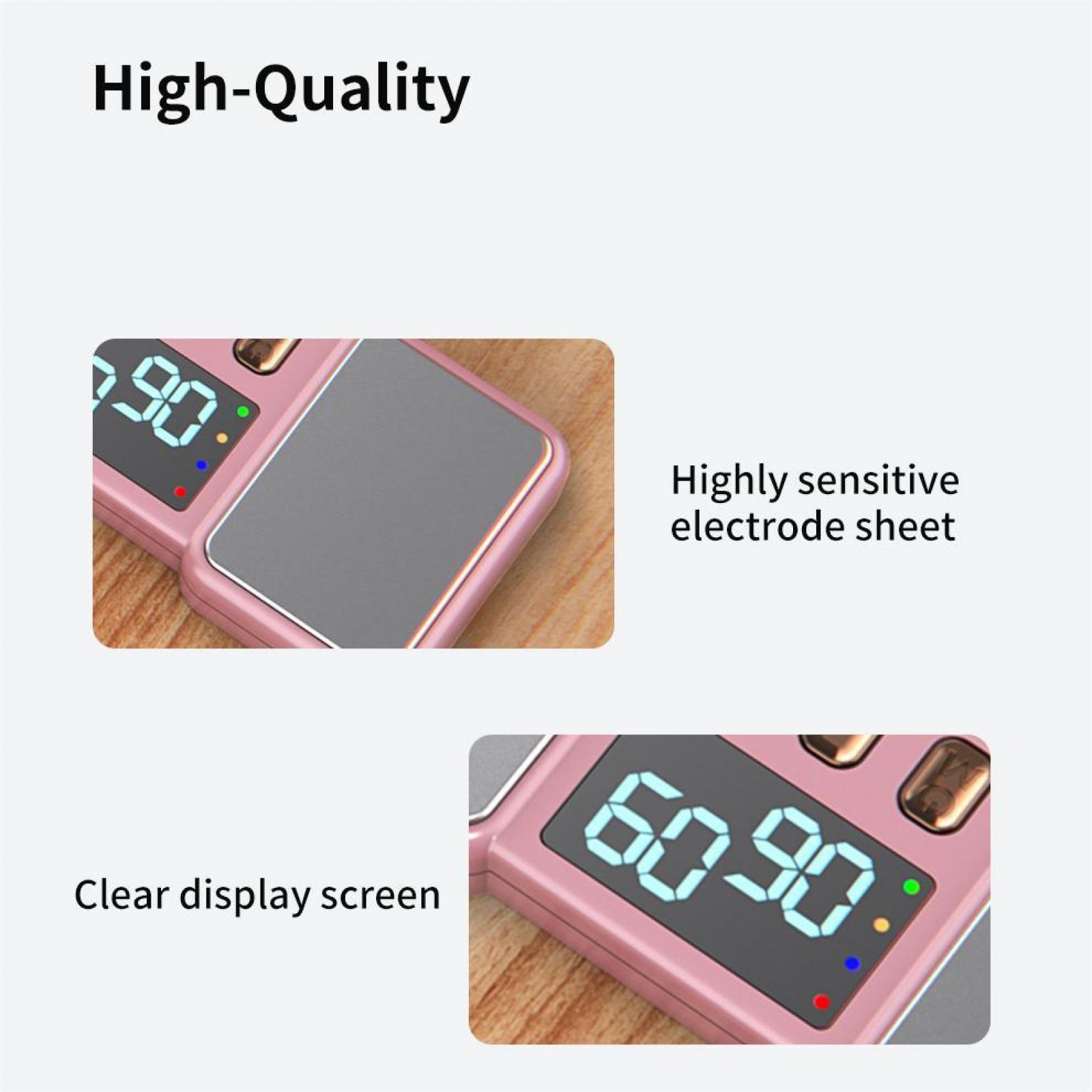 Rosa Gerät mit Zahlen auf einem klaren Display. Text: 'High-Quality' und 'Highly sensitive electrode sheet'.