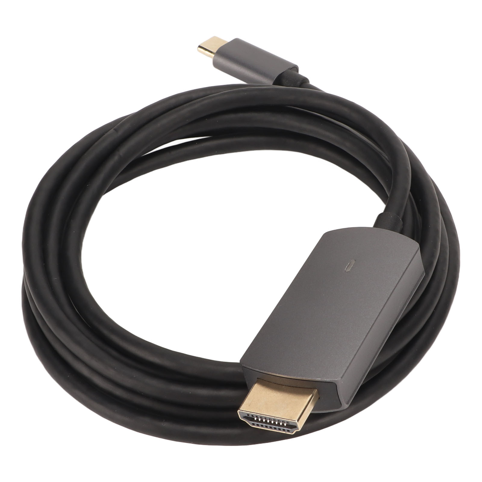 Ein schwarzes Kabel mit zwei Anschlüssen: USB-C und HDMI. Das Kabel ist aufgerollt, die Anschlüsse sind grau und gold.