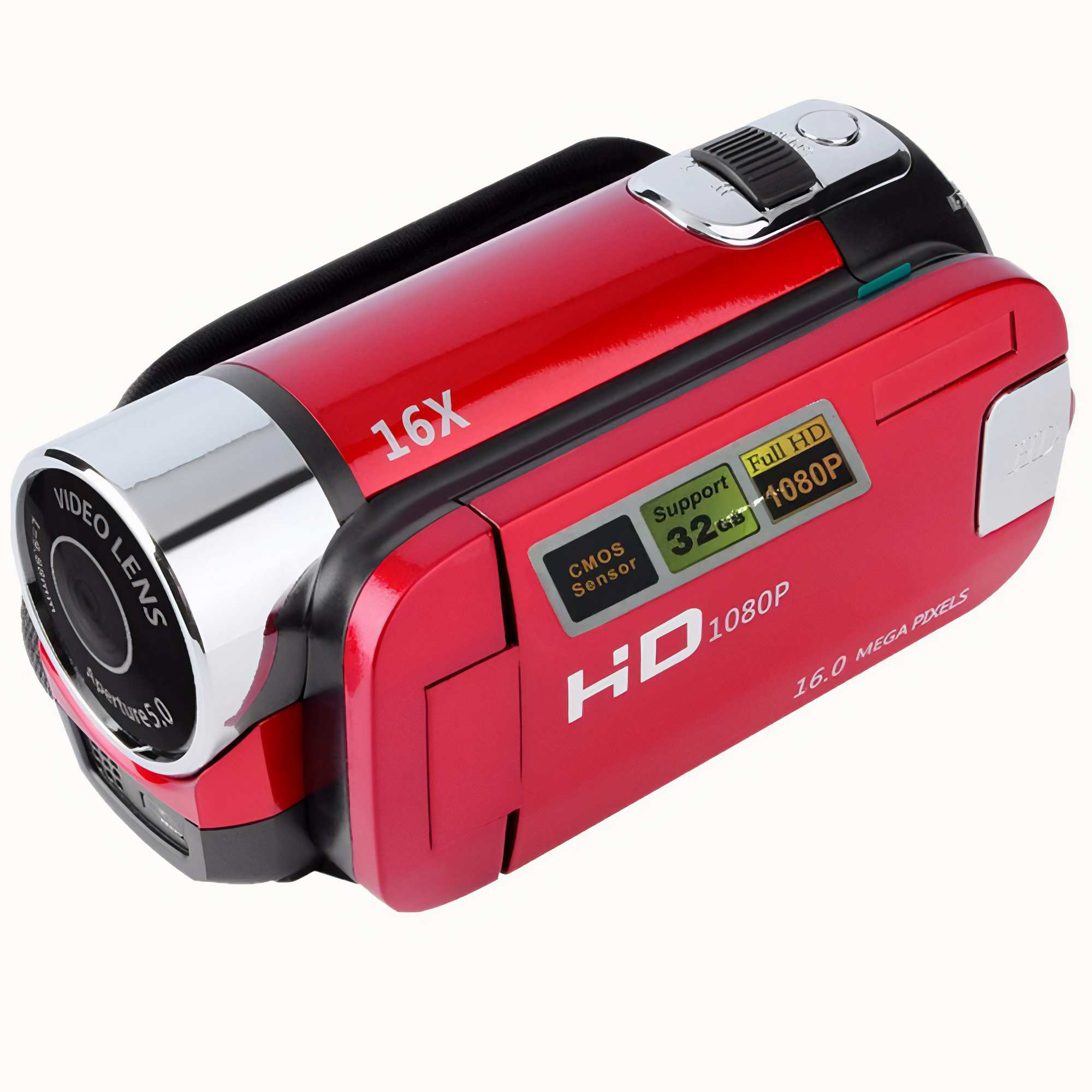 Ein roter Camcorder mit silbernen Akzenten. Merkmale sind '16X', 'HD 1080P' und 'Video Lens'. Schwarzer Gurt sichtbar.