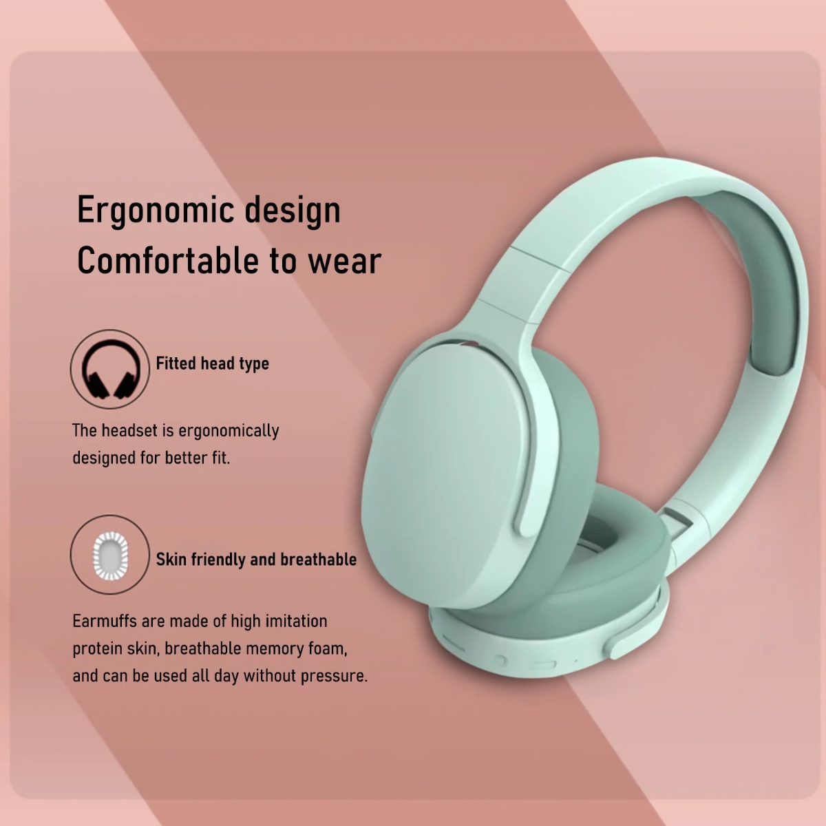 Ein weißes und grünes Headset auf rosa Hintergrund. Text beschreibt ergonomisches Design, komfortables Tragen, hautfreundlich und atmungsaktiv.