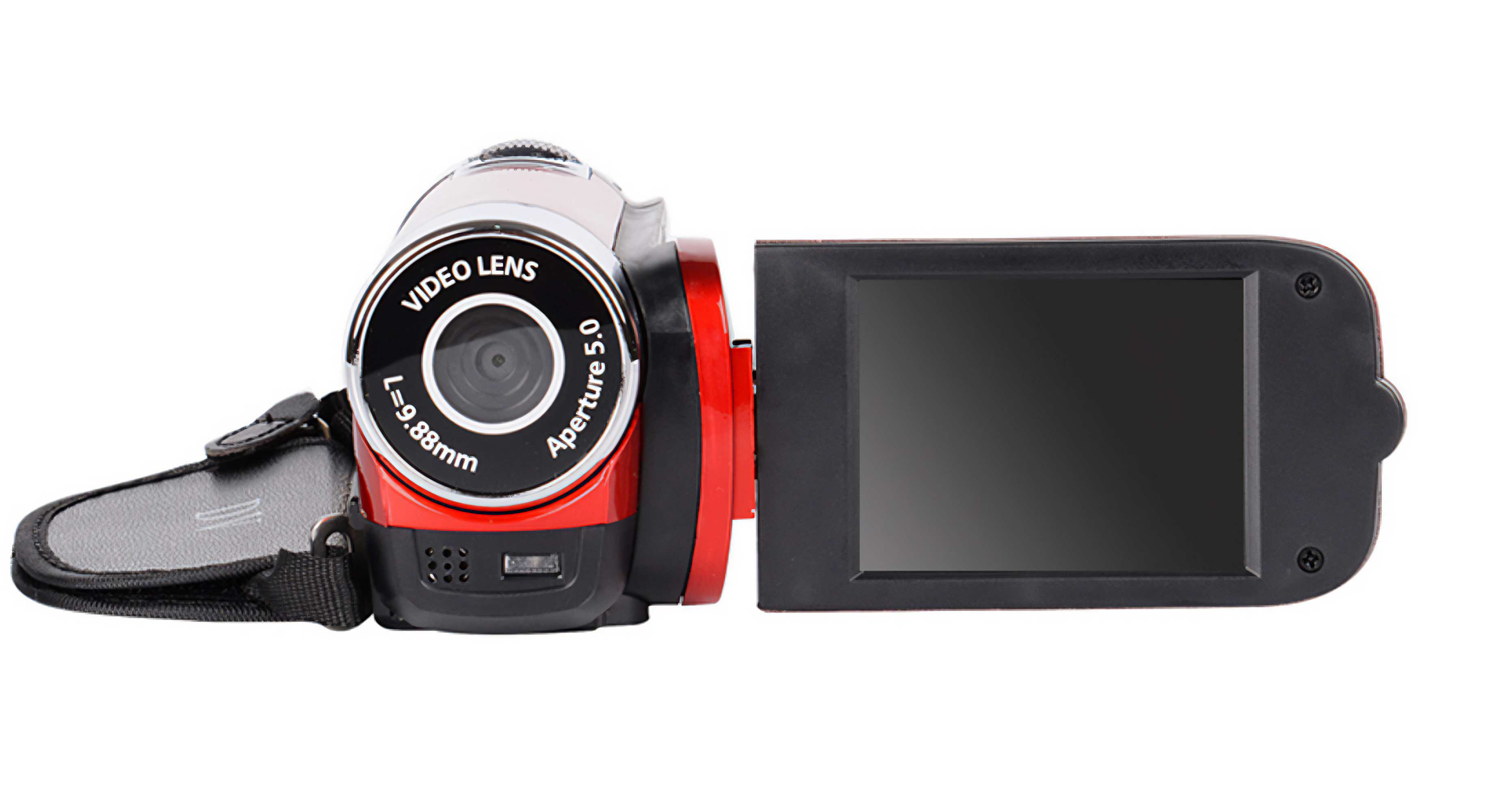 Eine rot-schwarze Camcorder mit Objektiv, Bildschirm und Gurt. Der Bildschirm ist geöffnet. Der Hintergrund ist weiß.