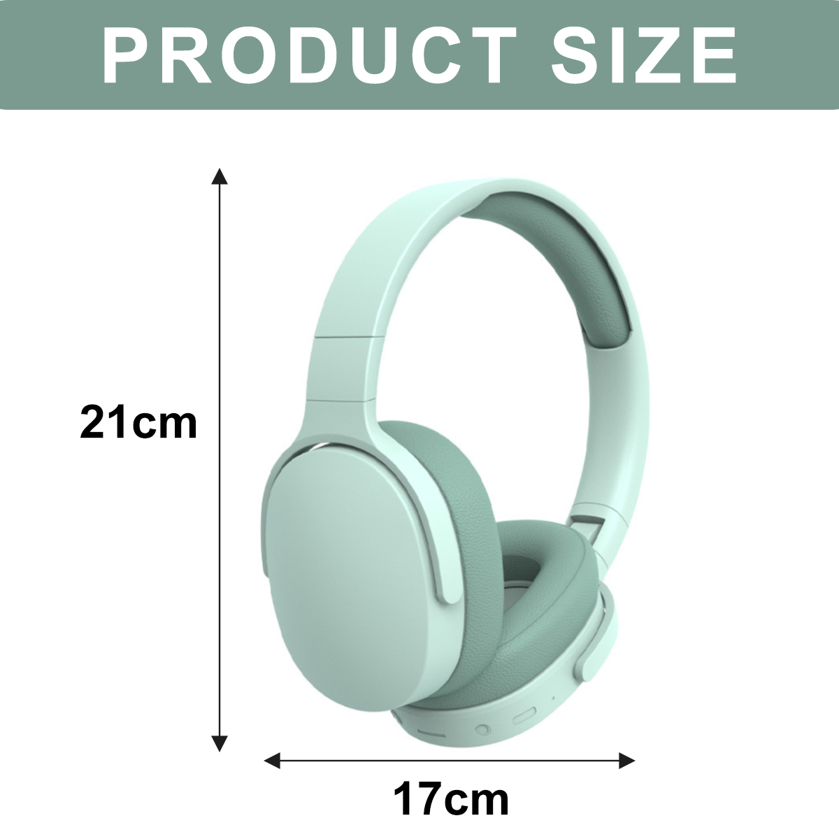 Ein hellgrüner Kopfhörer mit Größenangaben. Er ist 21 cm hoch und 17 cm breit. Der Text oben lautet PRODUKTGRÖSSE.