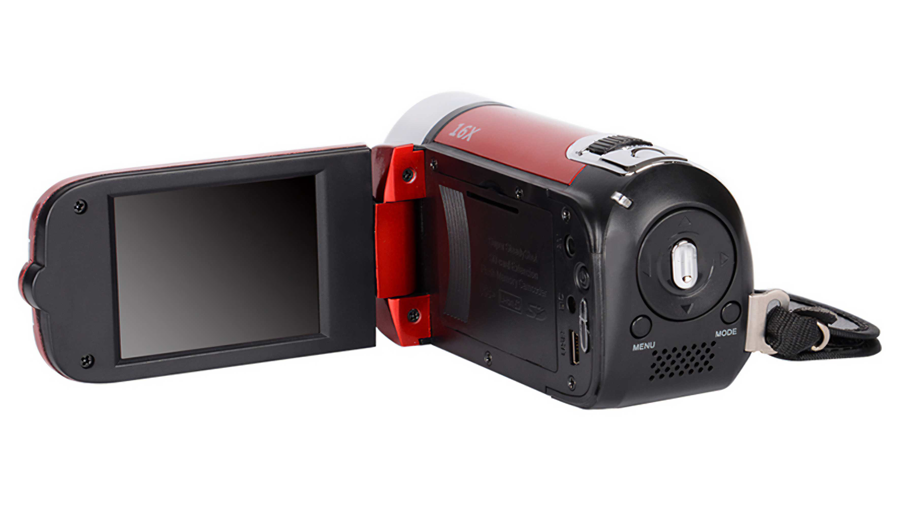 Ein rot-schwarzer Camcorder mit geöffnetem Bildschirm. Es hat ein silbernes Objektiv und einen schwarzen Gurt.