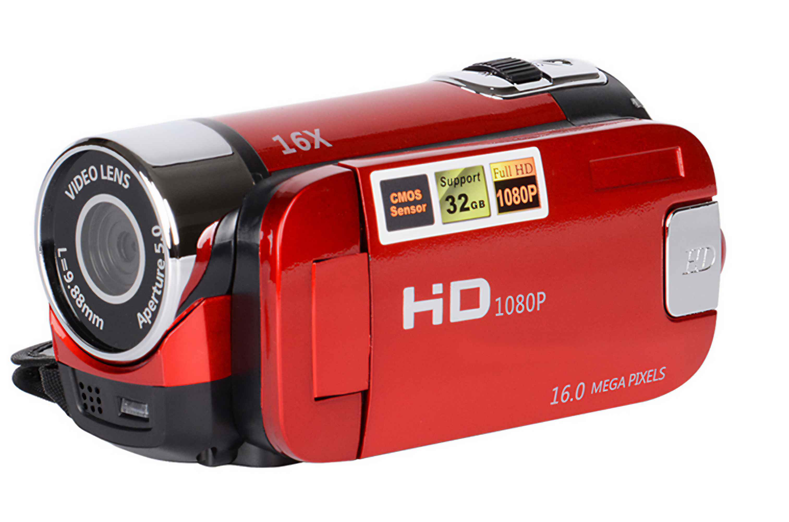 Ein roter Camcorder mit einem Objektiv mit der Aufschrift VIDEO LENS. Er hat die Aufschrift HD 1080P und 16.0 MEGA PIXELS.