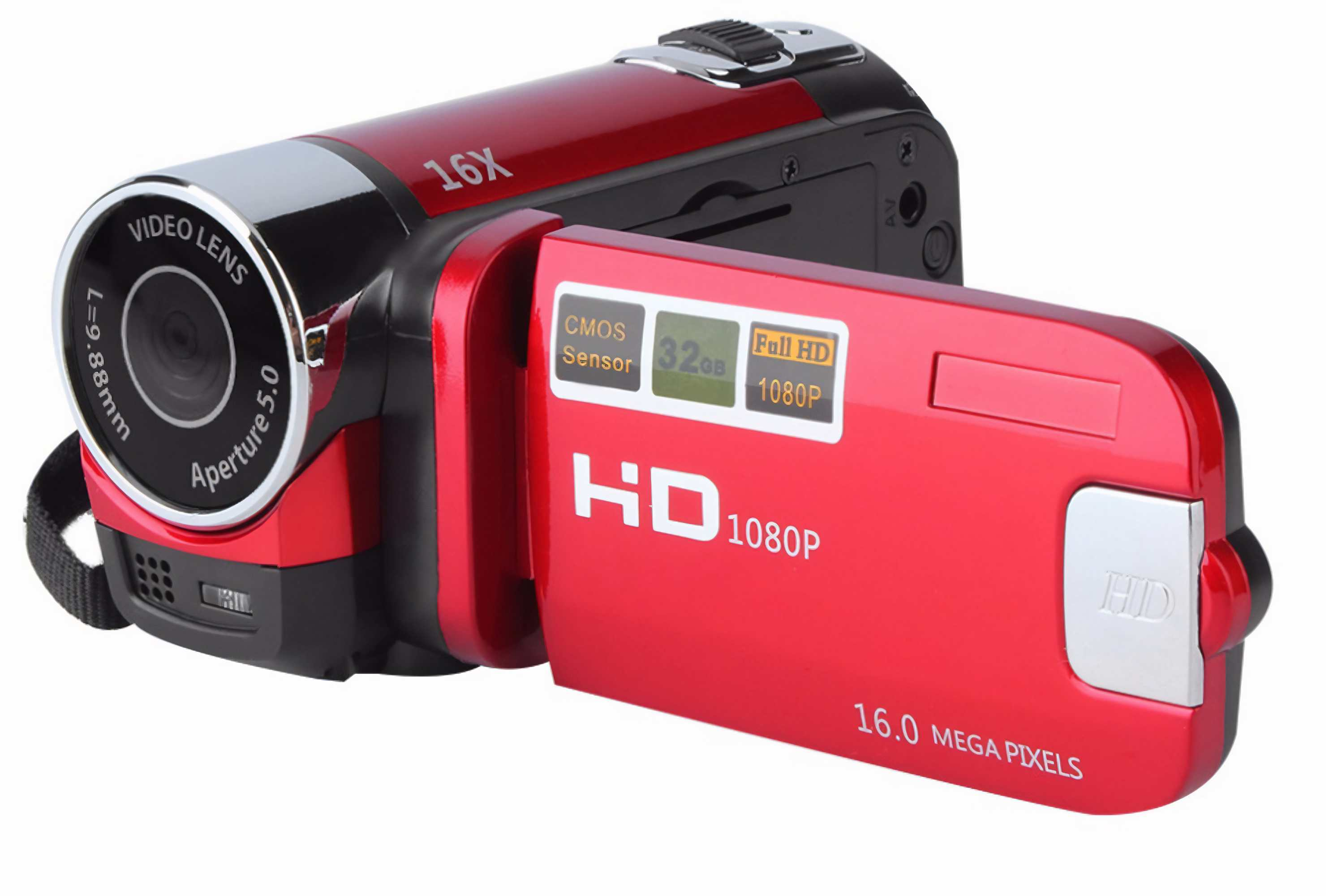Eine rot-schwarze Videokamera mit Objektiv, Bildschirm und Knöpfen. Der Bildschirm zeigt HD 1080P und 16.0 Megapixel an.
