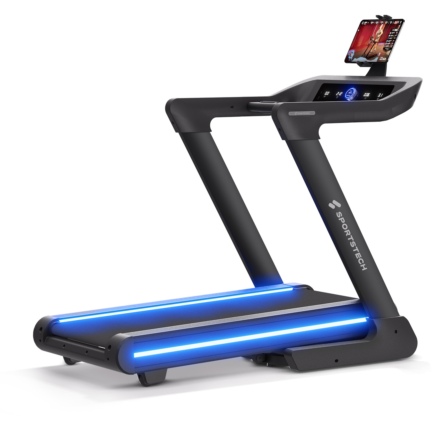 Ein schwarzes Laufband mit blauen Lichtern und einem Bildschirm, der ein Training anzeigt. Die Marke 'SPORTSTECH' ist sichtbar.