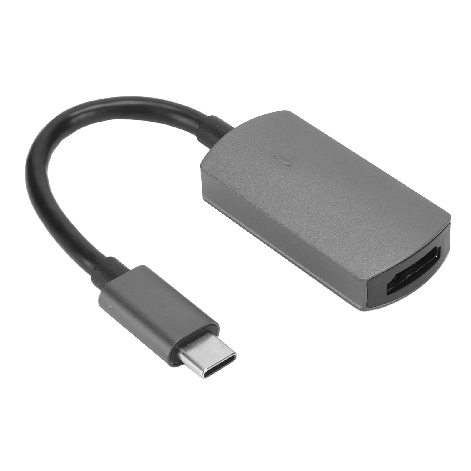 Ein grauer USB-C-zu-HDMI-Adapter. Er hat einen USB-C-Anschluss, ein Kabel und einen HDMI-Anschluss. Der Hintergrund ist weiß.