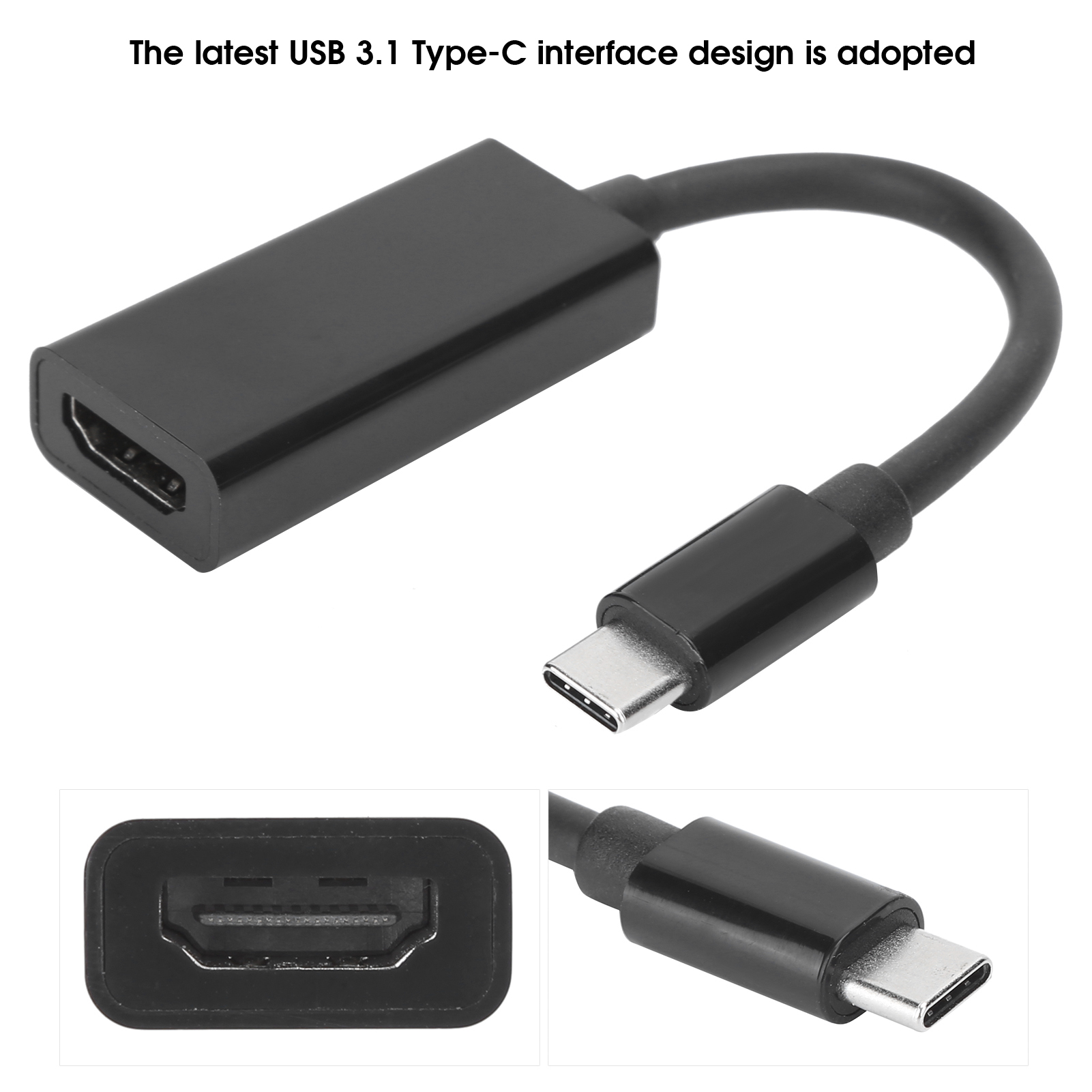 Ein schwarzer Adapter mit HDMI- und USB-C-Anschlüssen. Die Anschlüsse befinden sich an gegenüberliegenden Enden, verbunden durch ein schwarzes Kabel.