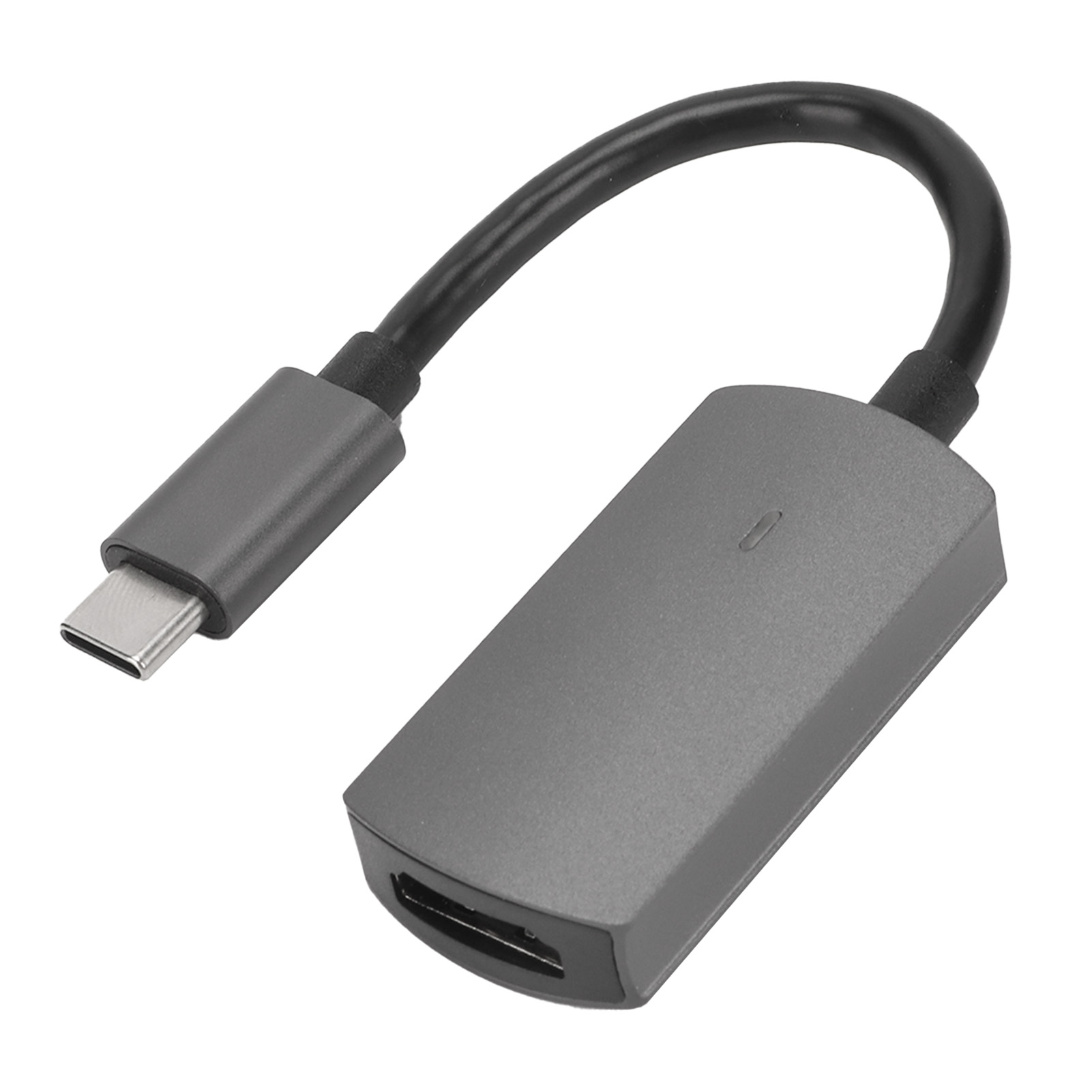 Ein grauer USB-C-zu-HDMI-Adapter mit einem schwarzen Kabel. Er liegt auf weißem Hintergrund. Das Gerät hat einen HDMI-Anschluss.