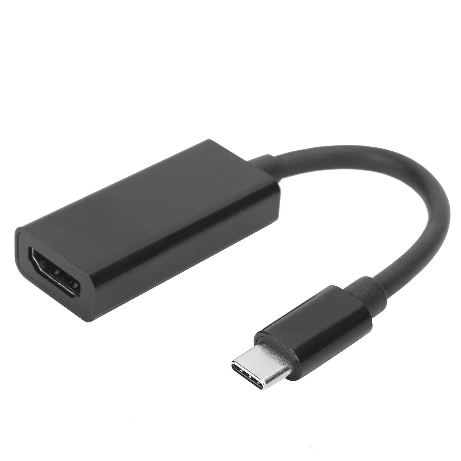 Ein schwarzer HDMI-zu-USB-C-Adapter. Er hat einen rechteckigen HDMI-Anschluss und einen USB-C-Anschluss.