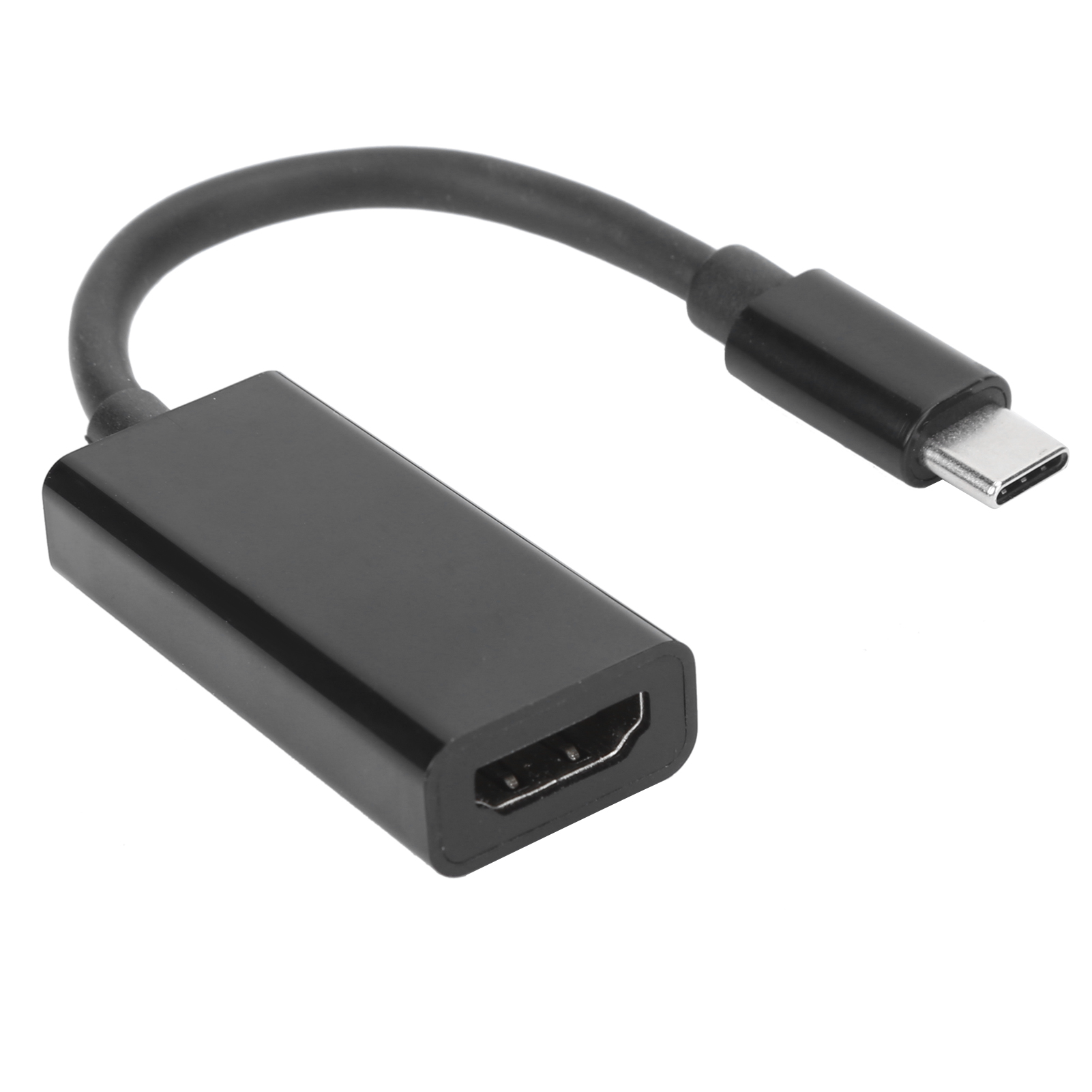 Ein schwarzer HDMI-zu-USB-C-Adapter. Er hat ein schwarzes Kabel, das die beiden Enden verbindet, einen HDMI- und einen USB-C-Anschluss.