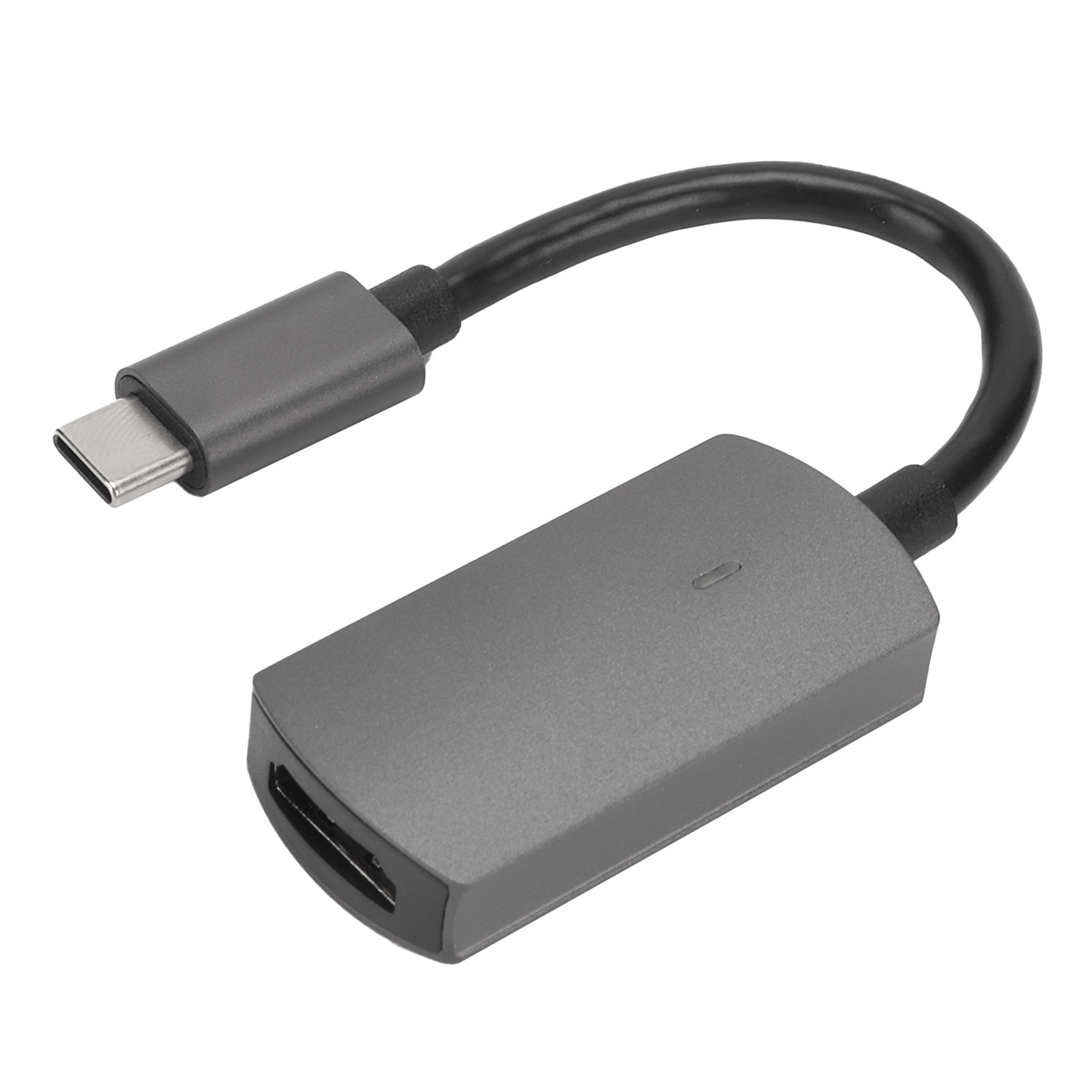 Ein grauer USB-C-zu-HDMI-Adapter auf weißem Hintergrund. Er hat ein Kabel und einen rechteckigen Stecker.