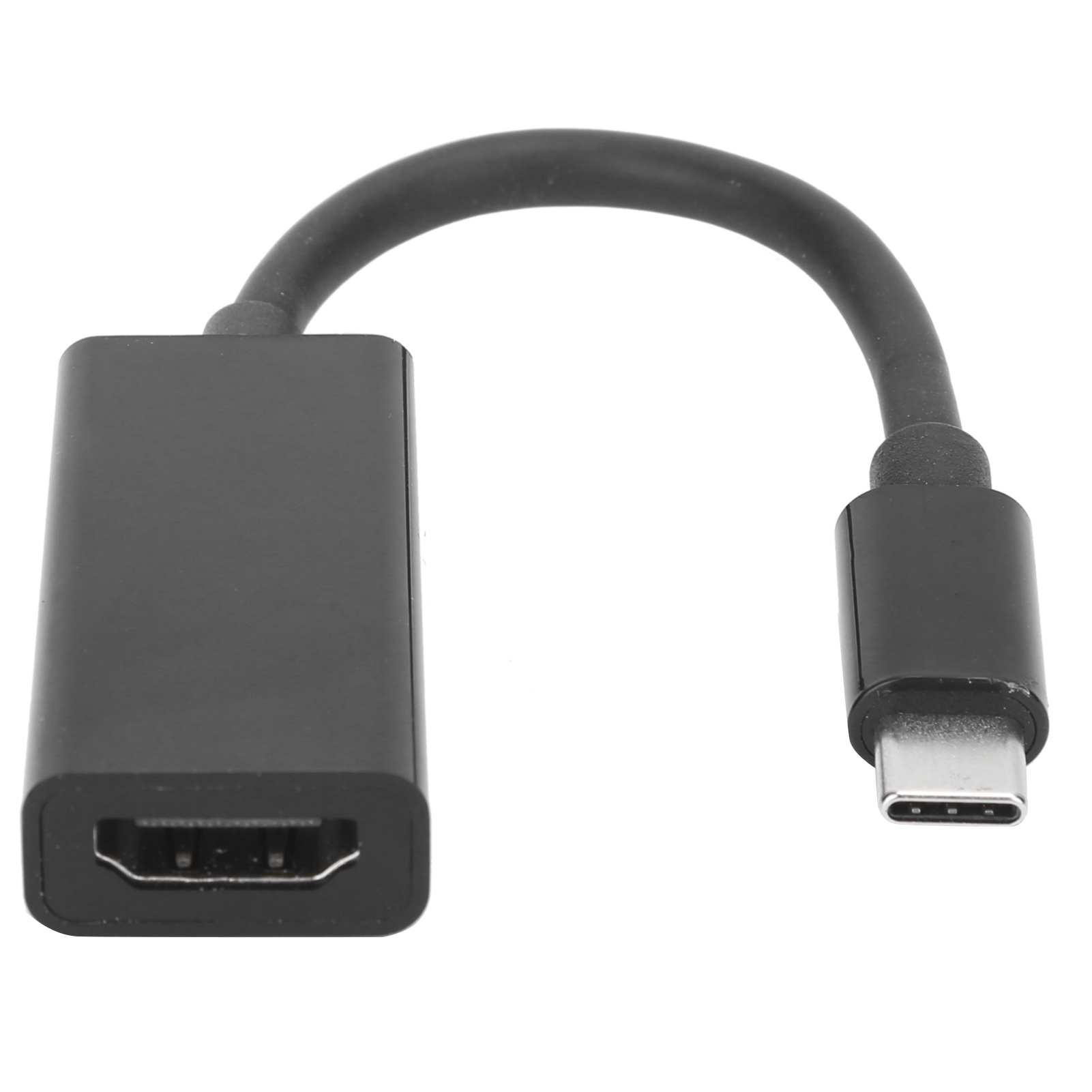 Schwarzer HDMI-zu-USB-C-Adapter. Er hat ein schwarzes Kabel und Anschlüsse. Weißer Hintergrund.