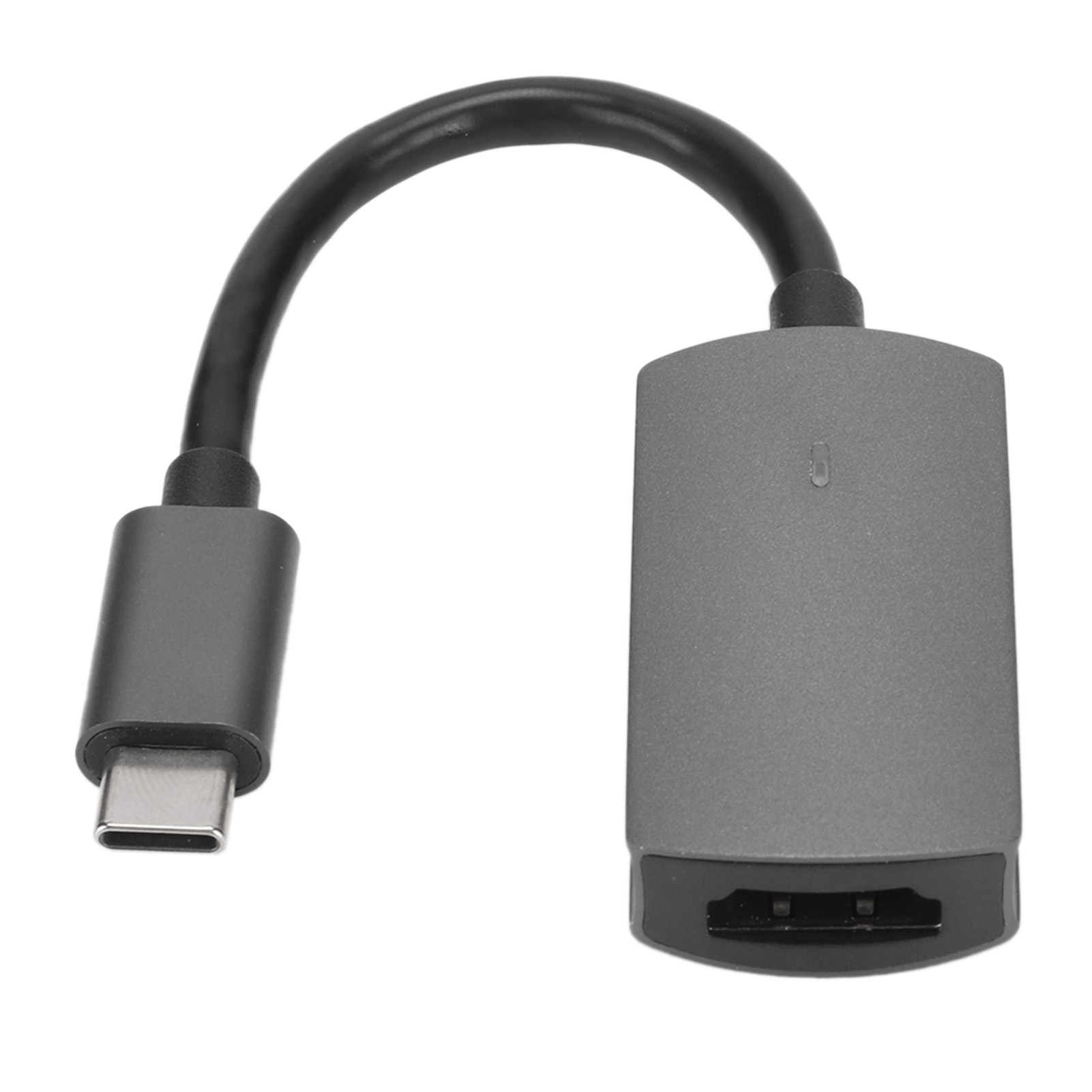 Ein Adapter mit USB-C-Anschluss und HDMI-Anschluss. Es hat ein graues Gehäuse und ein schwarzes Kabel.