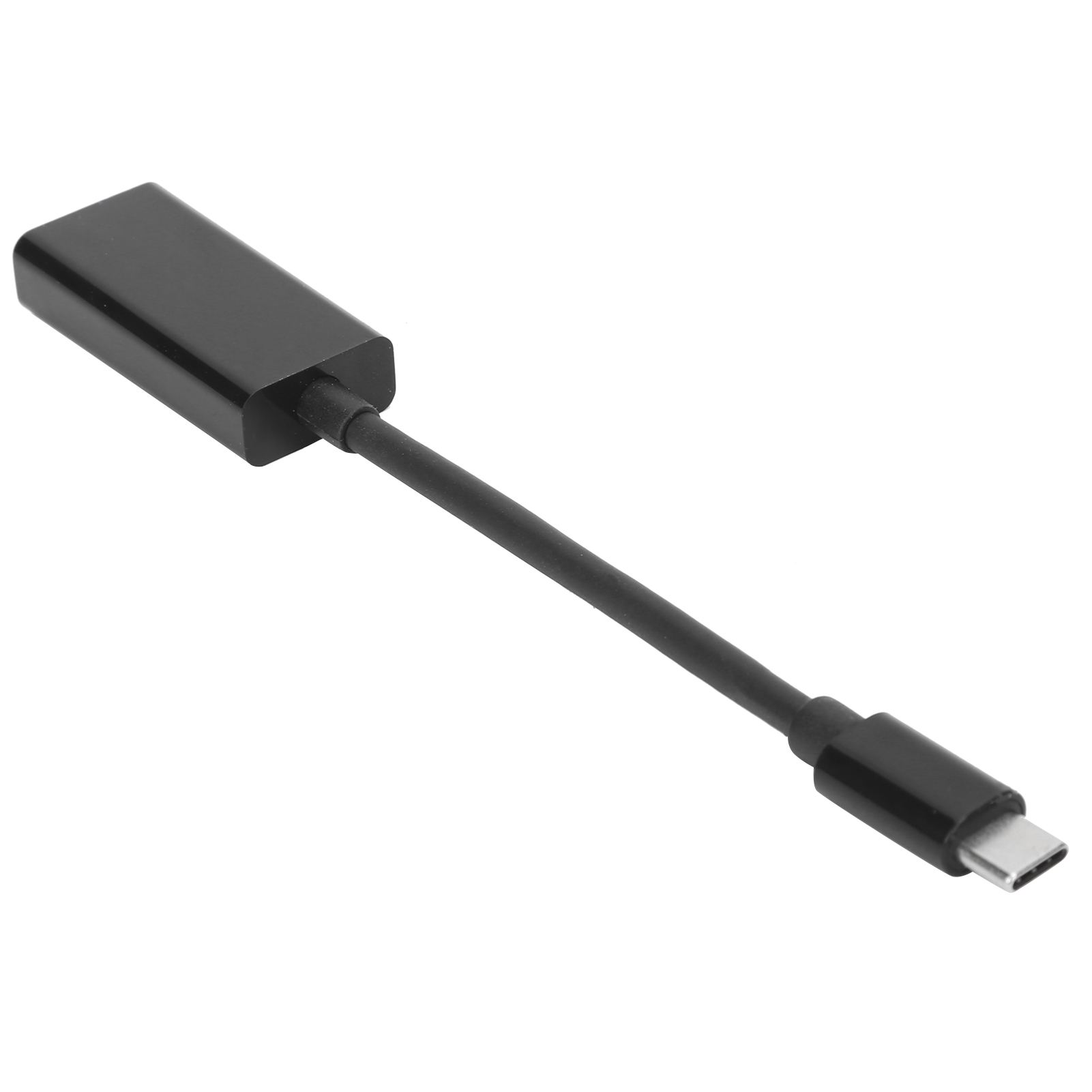 Schwarzer Adapter mit USB-C-Anschluss und rechteckigem Gehäuse, verbunden durch ein schwarzes Kabel. Isoliert auf weißem Hintergrund.