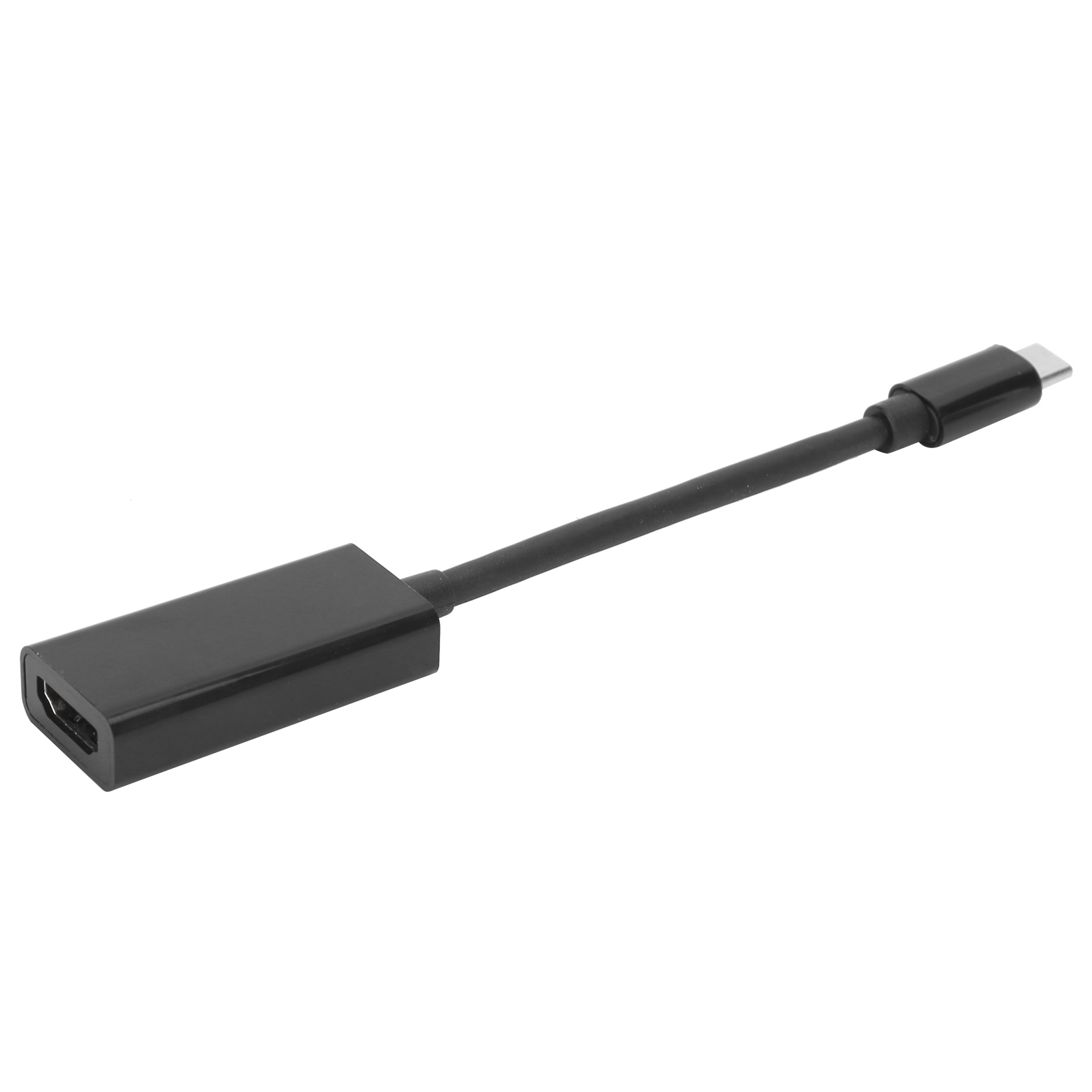 Ein schwarzes HDMI-zu-USB-C-Adapterkabel auf weißem Hintergrund. Das Kabel hat einen schwarzen HDMI-Kopf und einen USB-C-Anschluss.