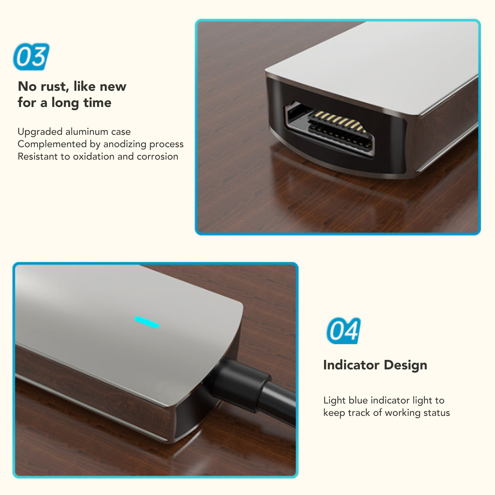 Silbernes und schwarzes Gerät mit HDMI-Anschluss auf Holzmaserung. Ein blaues Licht ist sichtbar.