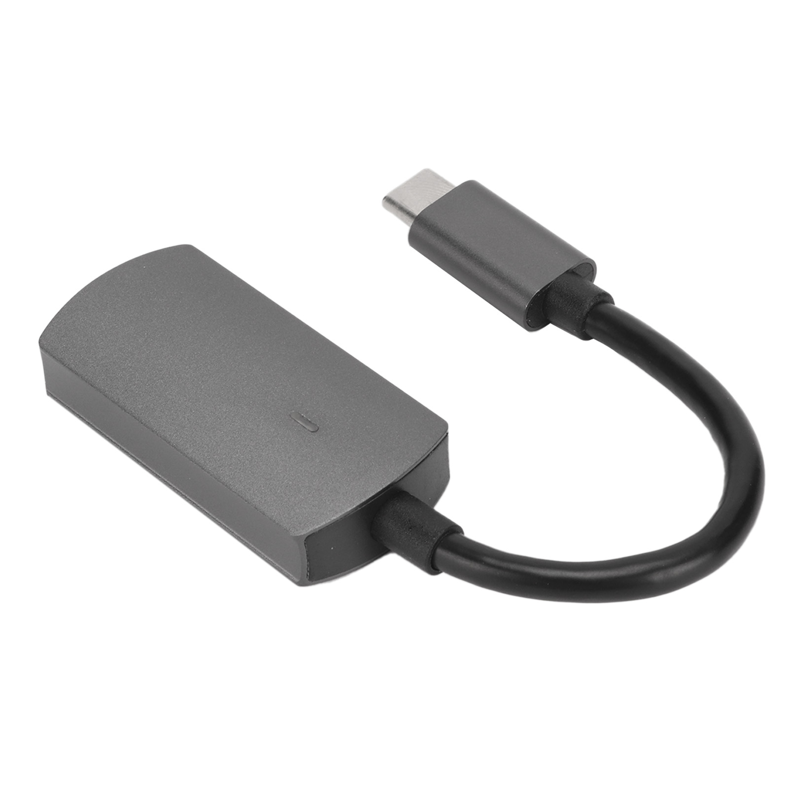 Ein grauer USB-C-Adapter mit einem schwarzen Kabel. Der Adapter hat einen rechteckigen Körper und ein gebogenes Ende.