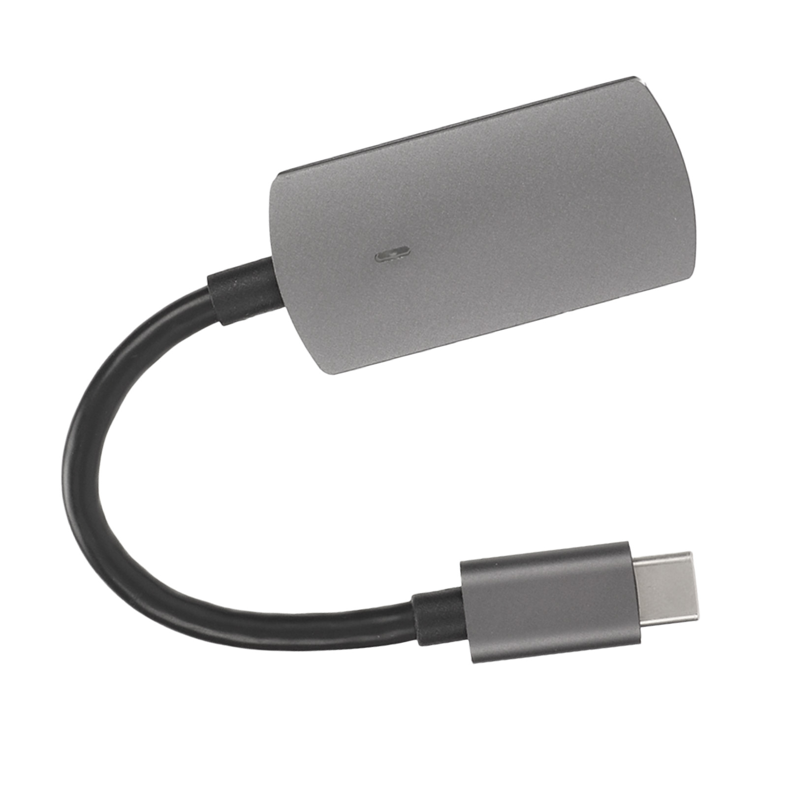 Ein grauer USB-C-Adapter mit einem gebogenen schwarzen Kabel. Es hat einen USB-C-Anschluss und einen größeren Adapter.