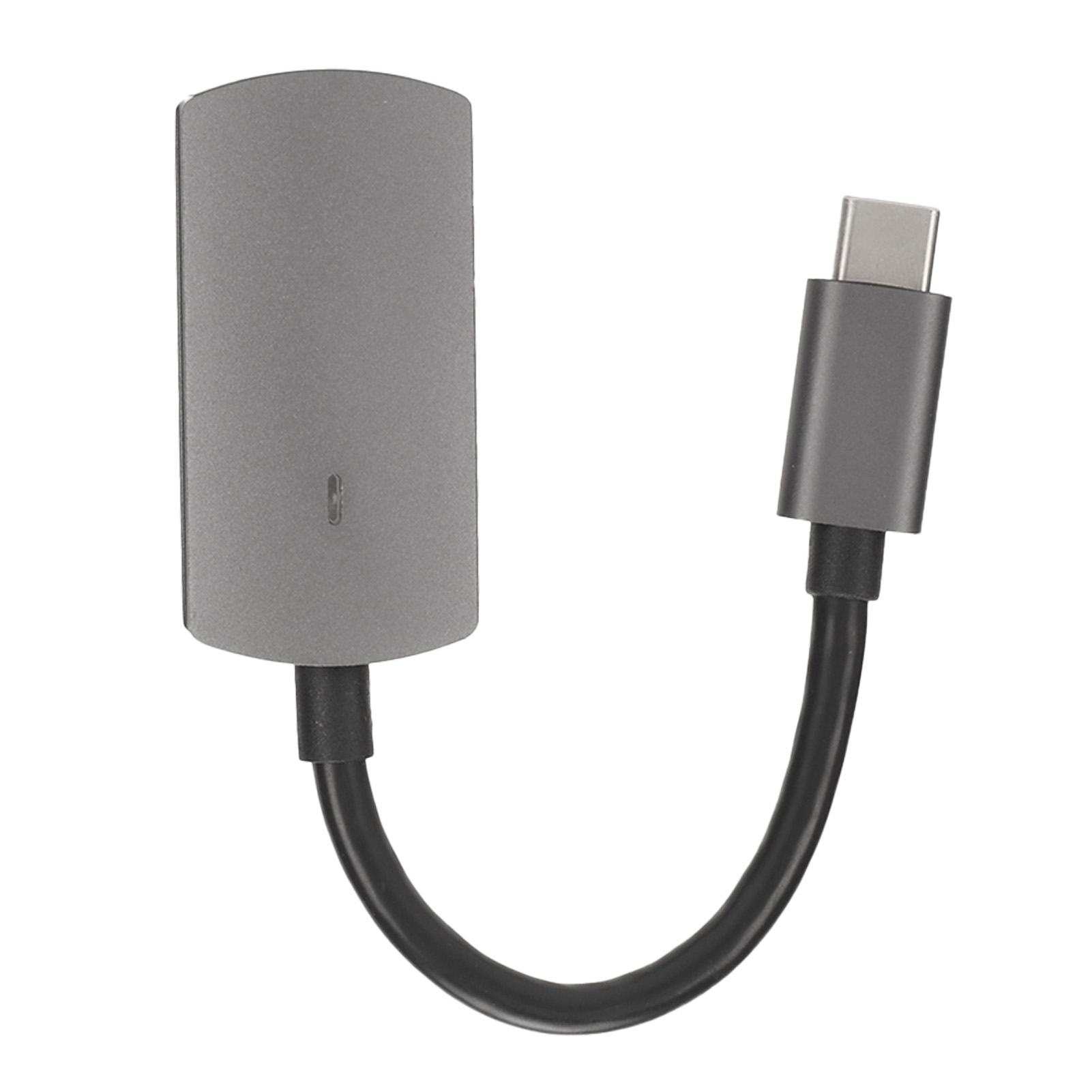 Ein grauer USB-C-Adapter mit einem schwarzen Kabel. Der Adapter hat einen rechteckigen Körper und einen USB-C-Anschluss.