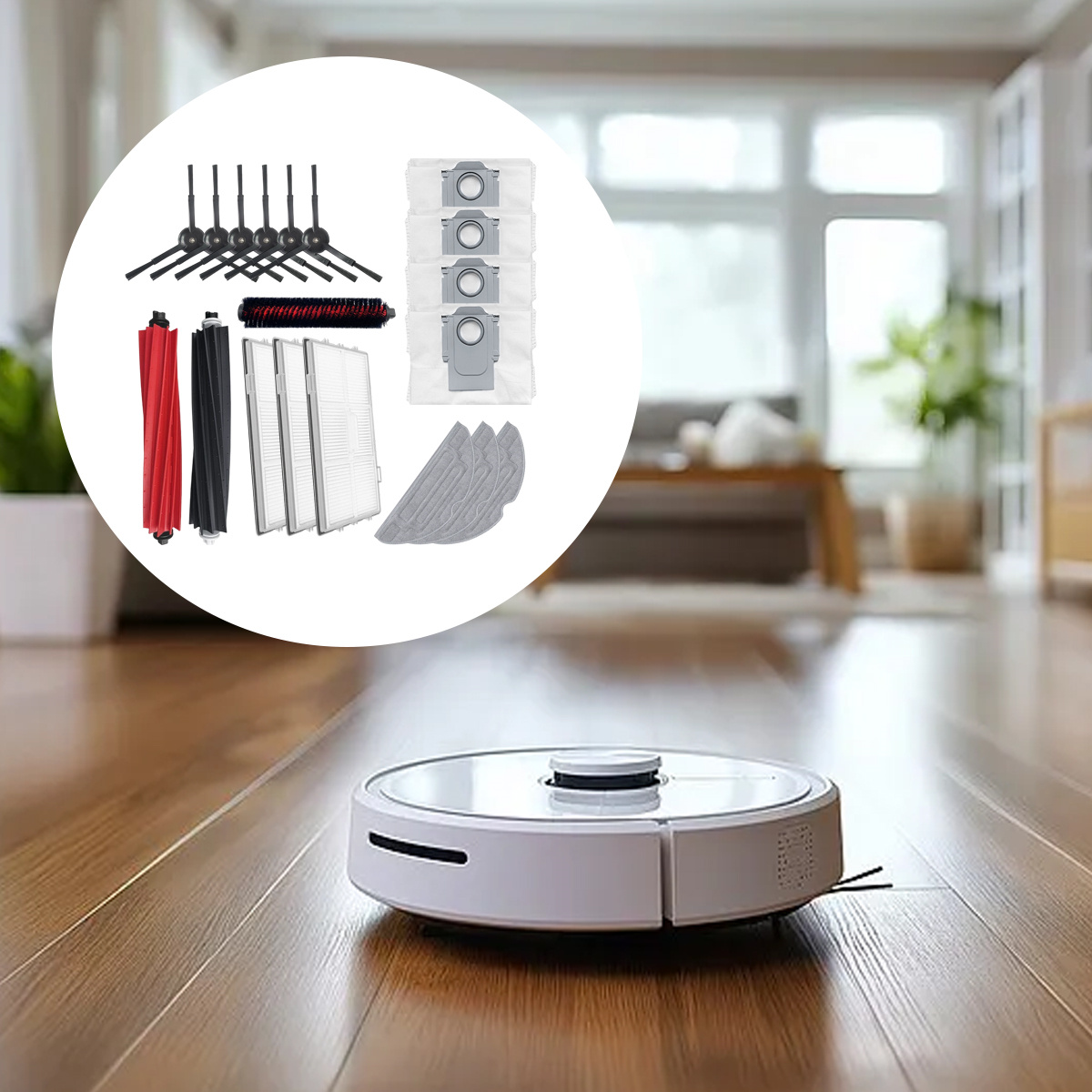 Ein weißer Roboter-Staubsauger mit Zubehör steht auf einem Holzboden. Das Zubehör umfasst Bürsten, Filter und Wischtücher.