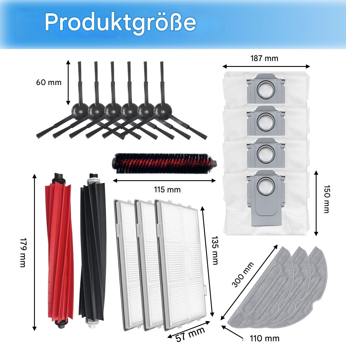 Das Bild zeigt Roboter-Staubsaugerteile mit Abmessungen. Enthält Bürsten, Filter, Staubbeutel und Wischmopps. Text: Produktgröße.