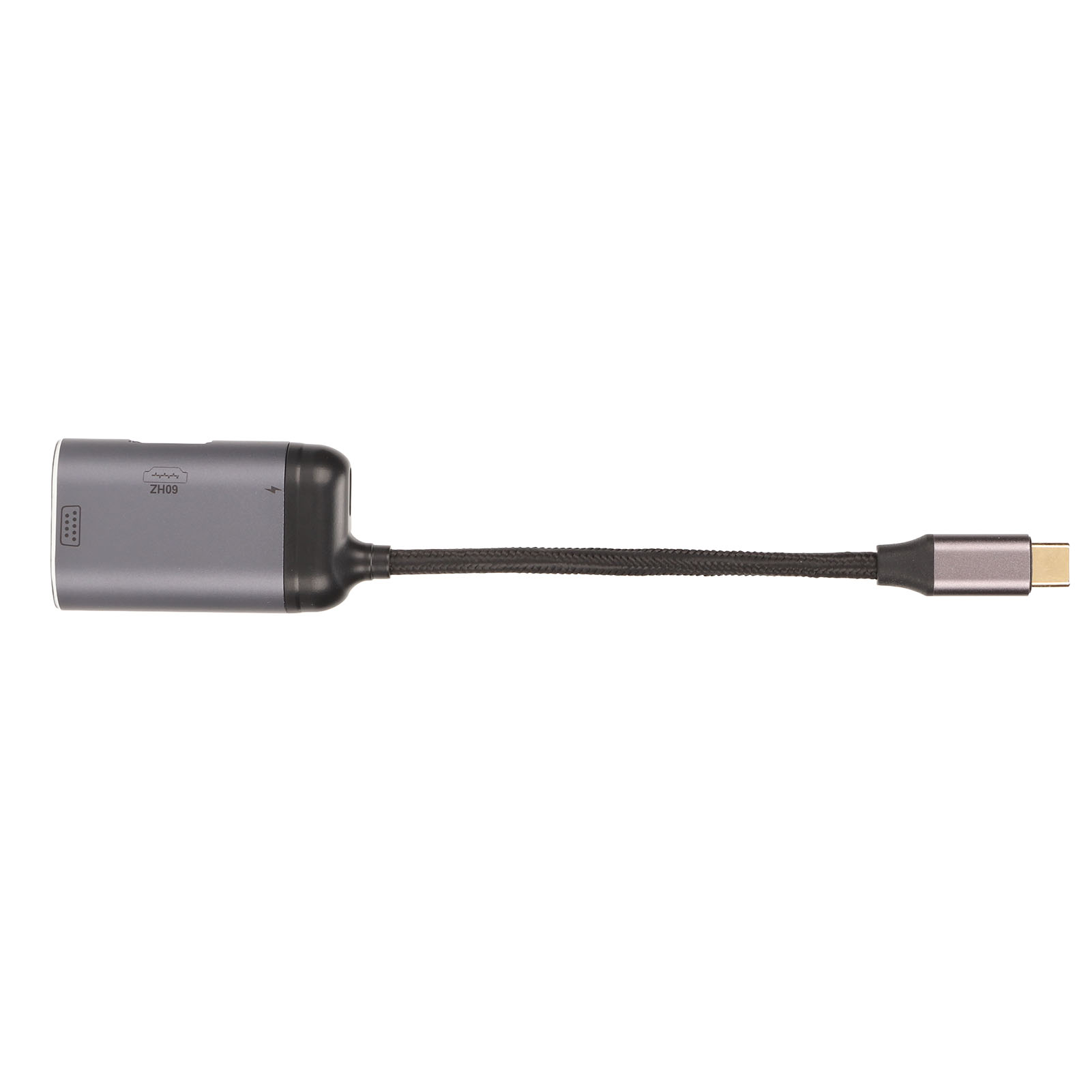 Ein grauer USB-C-Adapter mit geflochtenem Kabel und USB-C-Anschluss. Der Adapter hat Markierungen und einen schwarzen Kunststoffbereich.