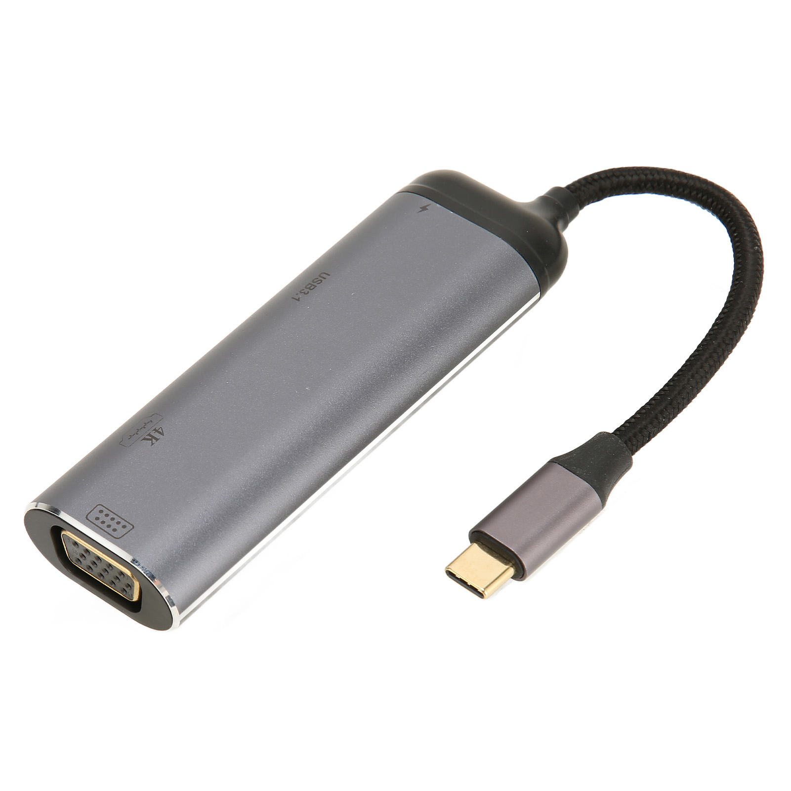 Ein grauer USB-C-Adapter mit einem schwarzen geflochtenen Kabel und einem silbernen Ende. Der Adapter hat USB 3.1- und 4K-Markierungen.