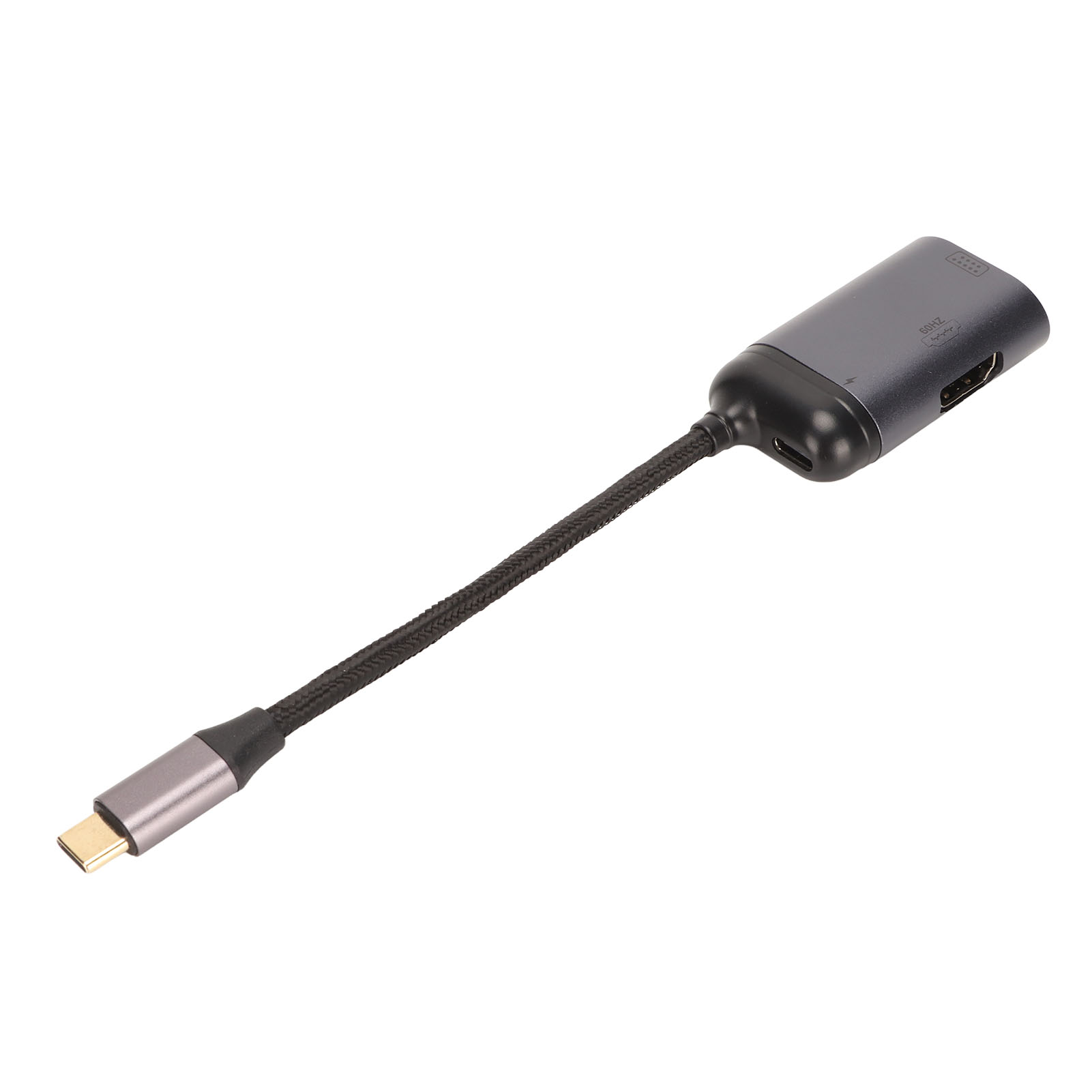 Ein grauer USB-C-Hub-Adapter mit geflochtenem Kabel. Er hat HDMI-, USB-C- und andere Anschlüsse. Isoliert auf Weiß.