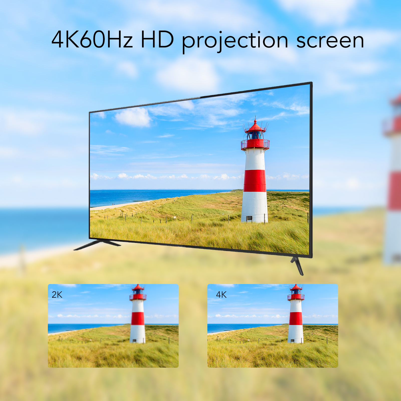 Ein Fernsehbildschirm zeigt eine Leuchtturmszene. Der Text oben lautet '4K60Hz HD-Projektionsbildschirm'. Zwei kleinere Bilder zeigen den Leuchtturm.