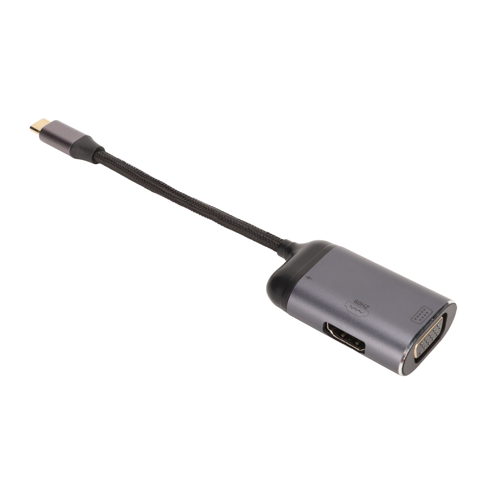 Ein grauer USB-C-zu-VGA/HDMI-Adapter. Er hat ein geflochtenes Kabel, ein graues Gehäuse und mehrere Anschlüsse.
