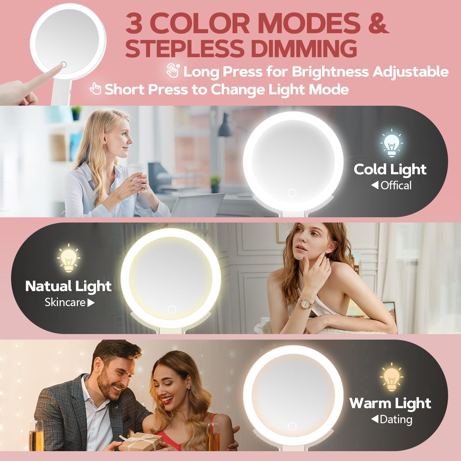Werbung für einen Schminkspiegel mit drei Lichtmodi. Das Bild zeigt drei verschiedene Szenarien und Lichteinstellungen.