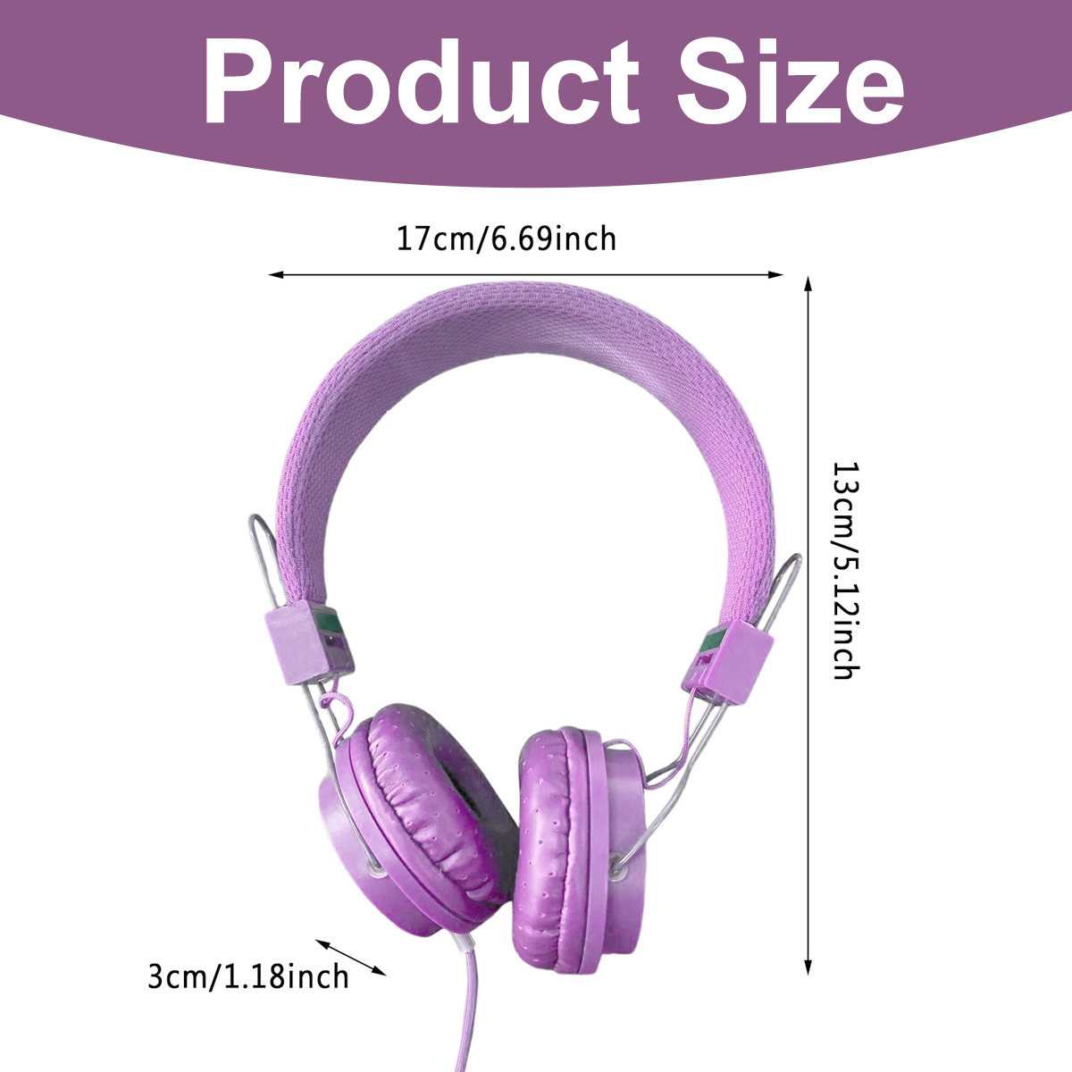 Lila Kopfhörer mit Abmessungen. Das Kopfband ist 17 cm, die Höhe 13 cm und die Dicke 3 cm. Der Text zur Produktgröße steht oben.