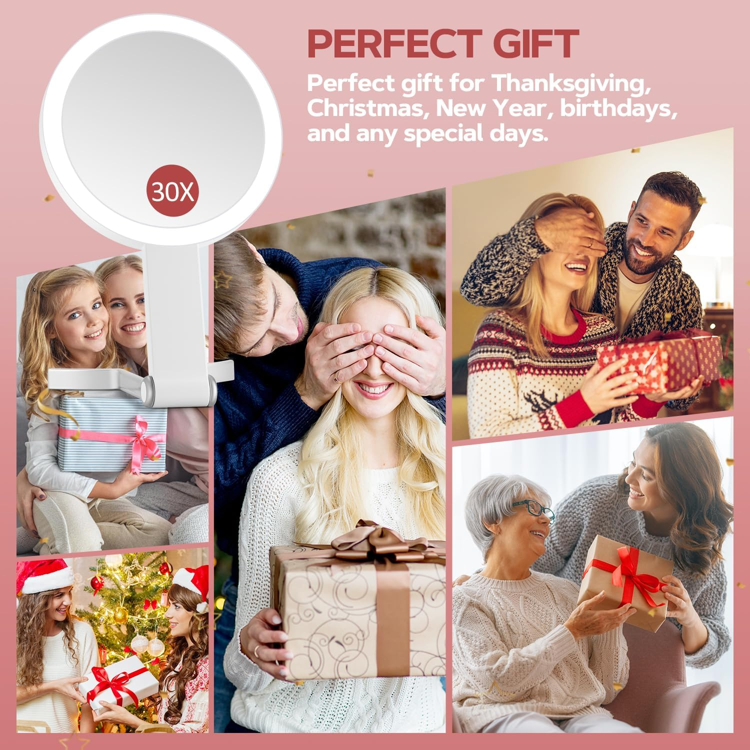 Collage mit Szenen des Schenkens. Enthält einen Spiegel, Personen, die Geschenke öffnen, und Text mit 'Perfect Gift' für besondere Anlässe.