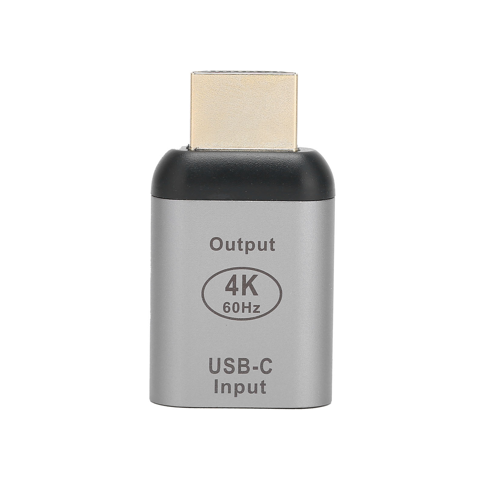 Ein silberner USB-C-zu-HDMI-Adapter. Er hat einen goldenen HDMI-Anschluss. Es steht 'Output', '4K 60Hz' und 'USB-C Input'.