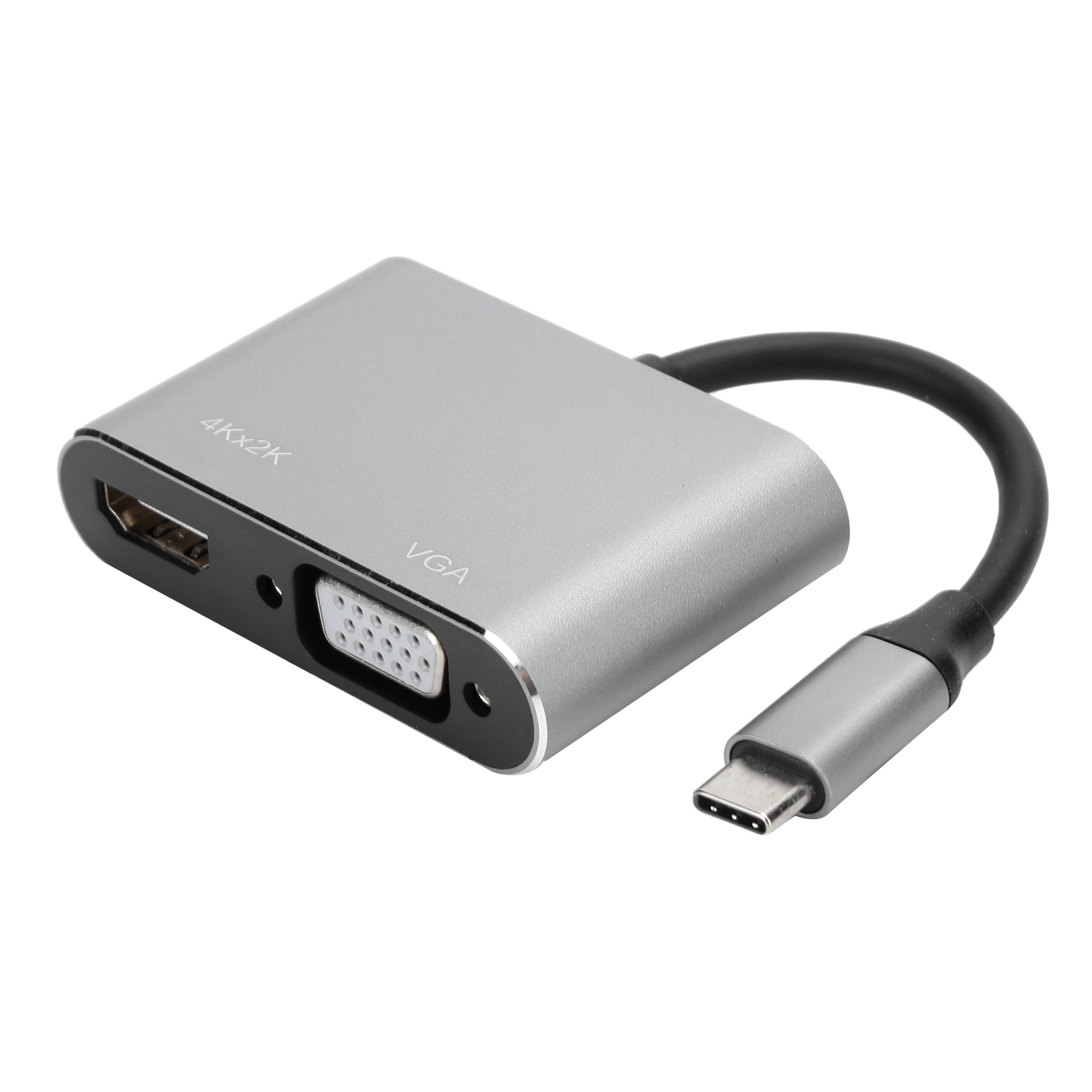 Ein silberner Adapter mit HDMI-, VGA- und USB-C-Anschlüssen. Er hat ein schwarzes Kabel und einen weißen Hintergrund.