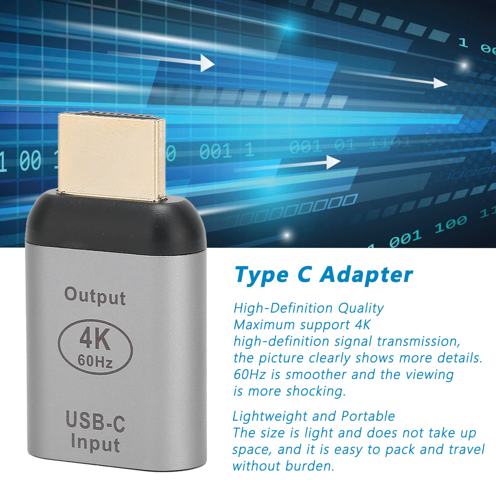 Ein silberner Typ-C-Adapter mit goldfarbenem Anschluss. Es zeigt 'Output', '4K 60Hz' und 'USB-C Input'. Der Hintergrund ist blau mit weißen Pfeilen.