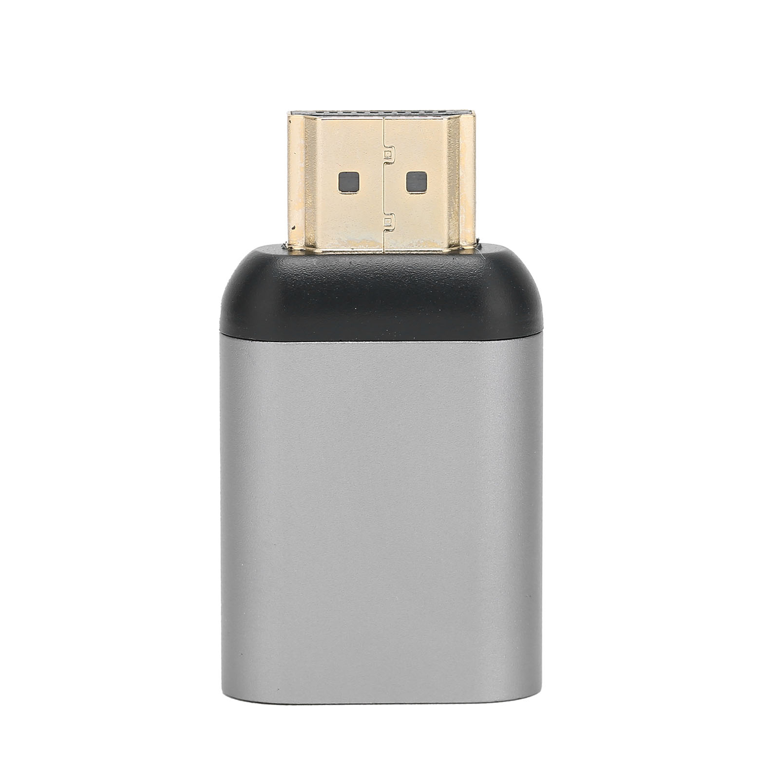 Ein HDMI-Adapter mit einem goldfarbenen Stecker und einem silberfarbenen Gehäuse, vor weißem Hintergrund.