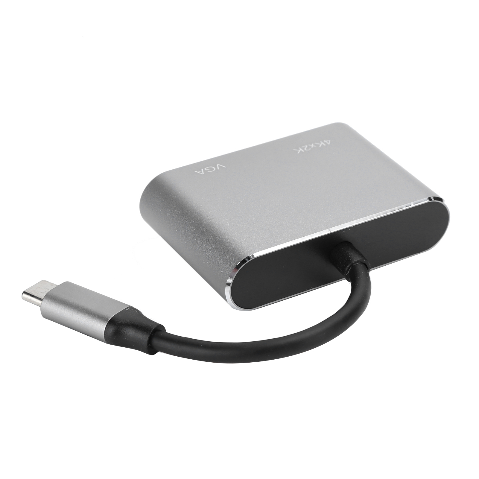 Silberner USB-C-zu-VGA-Adapter. Er hat ein schwarzes Kabel und einen silbernen Stecker. Der Adapter ist grau mit VGA- und 4Kx2K-Markierungen.