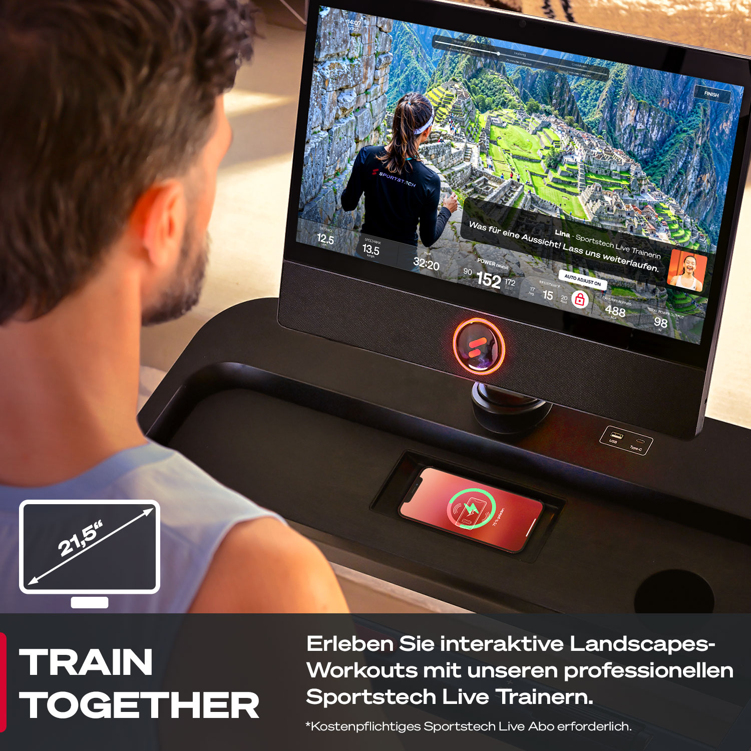 Eine Person auf einem Laufband sieht einen Bildschirm, der ein Training anzeigt. Der Bildschirm zeigt eine Frau in einer Trainingslandschaft.