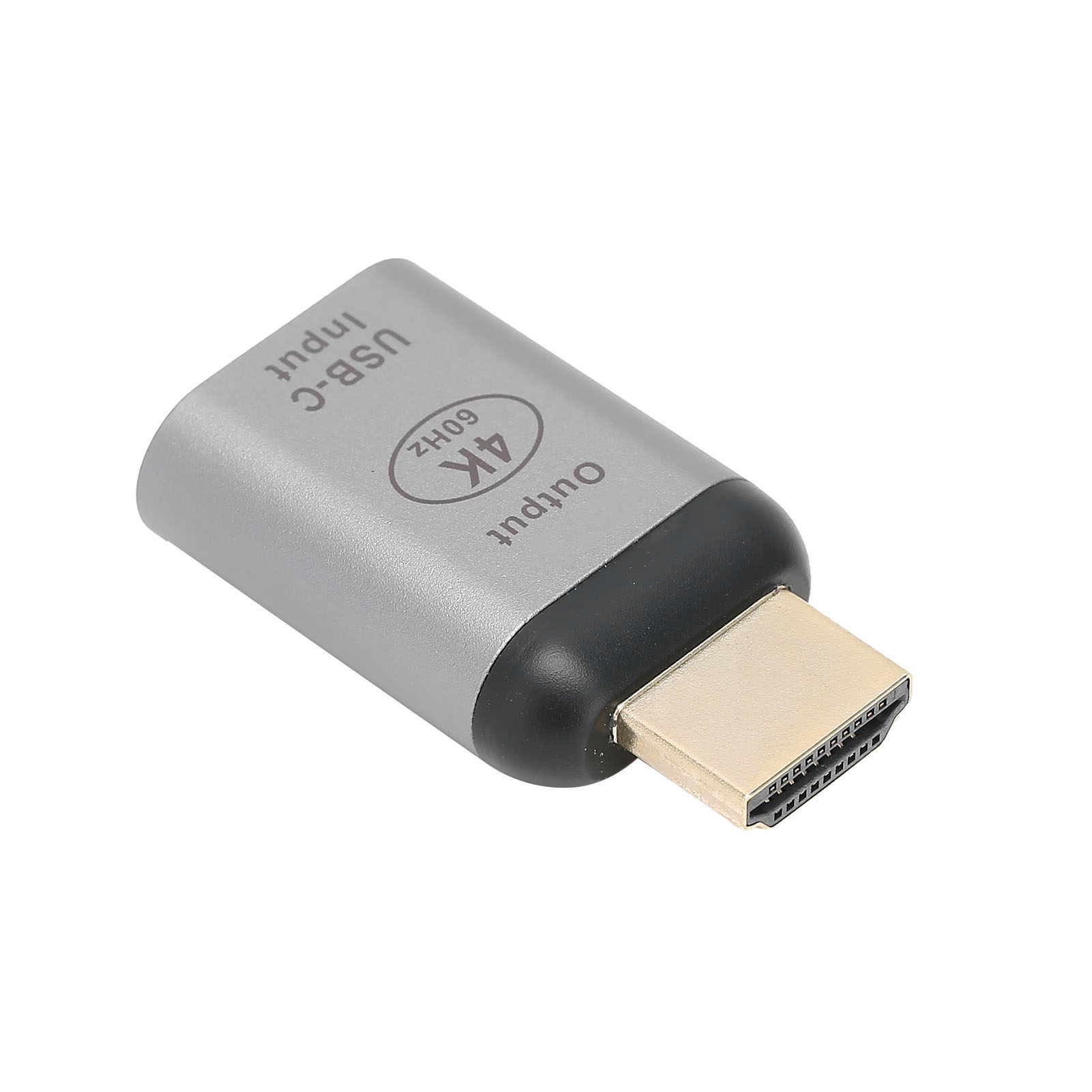 Ein silberner und schwarzer HDMI-Adapter mit USB-C-Eingang und 4K-Ausgang.