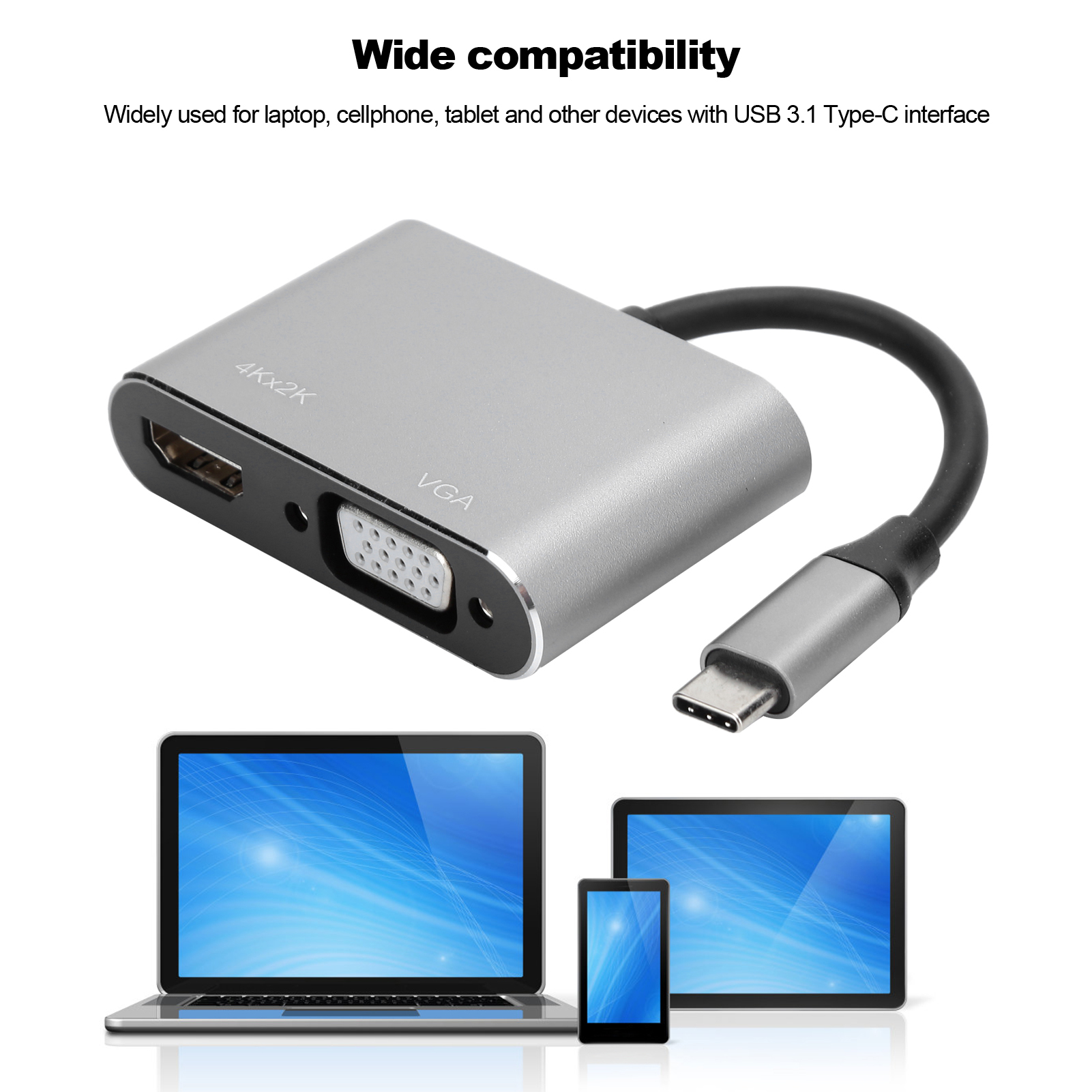 Silberner Adapter mit HDMI-, VGA- und USB-C-Anschlüssen, darunter Laptop, Telefon und Tablet.
