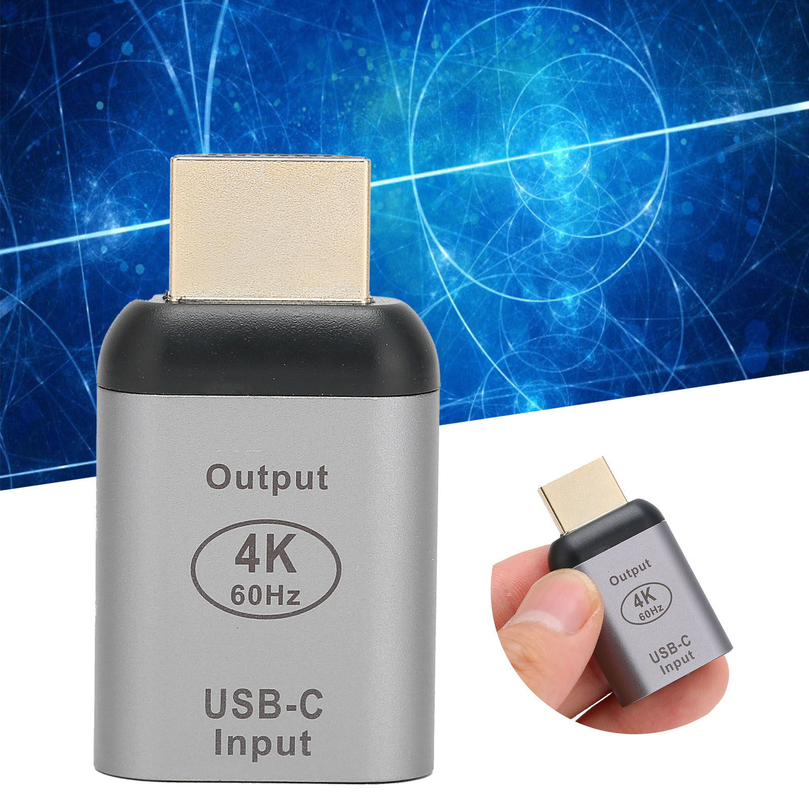 Ein HDMI-zu-USB-C-Adapter. Er ist silbern mit schwarzem Oberteil und goldenem Stecker. Text lautet Output, 4K 60Hz, USB-C Input.