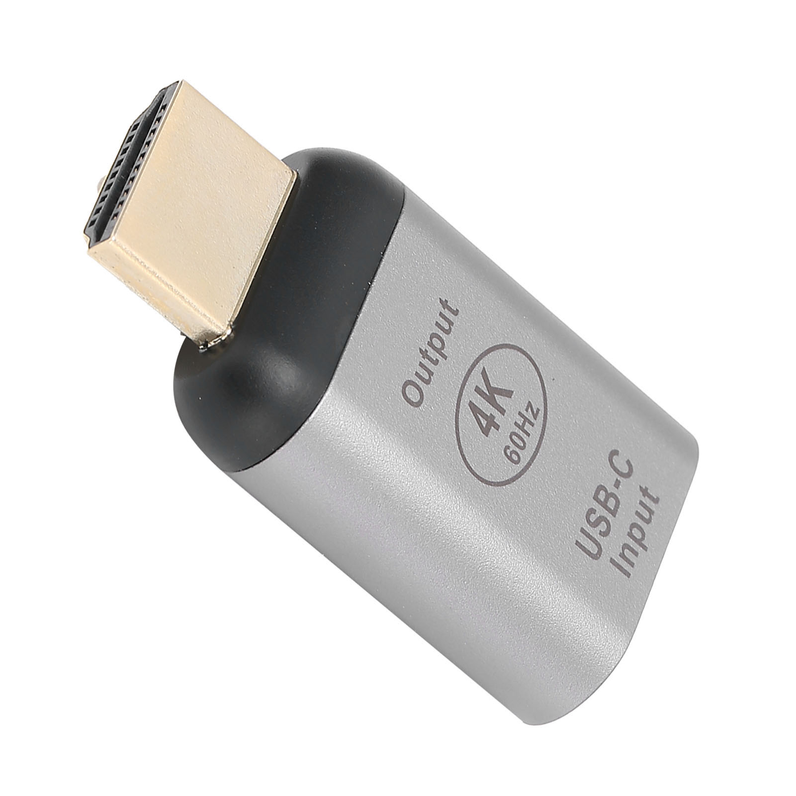 Ein silberner USB-C-zu-HDMI-Adapter. Der Adapter hat einen goldfarbenen HDMI-Anschluss und ein silbernes Gehäuse mit Text für Ein- und Ausgang.
