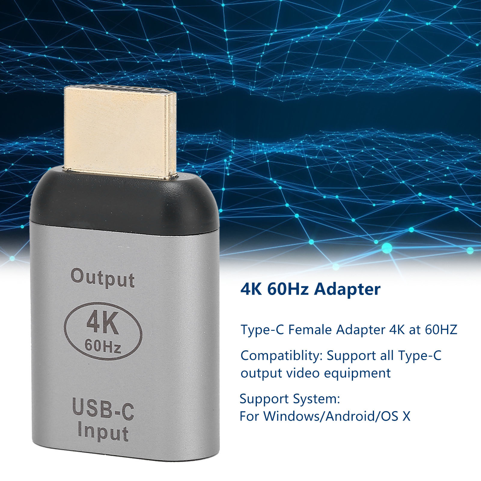 Ein silberner Adapter mit goldfarbenem Stecker. Er trägt die Aufschriften 'Output' und 'USB-C Input'. Im Hintergrund ein blaues Netzwerk-Muster.