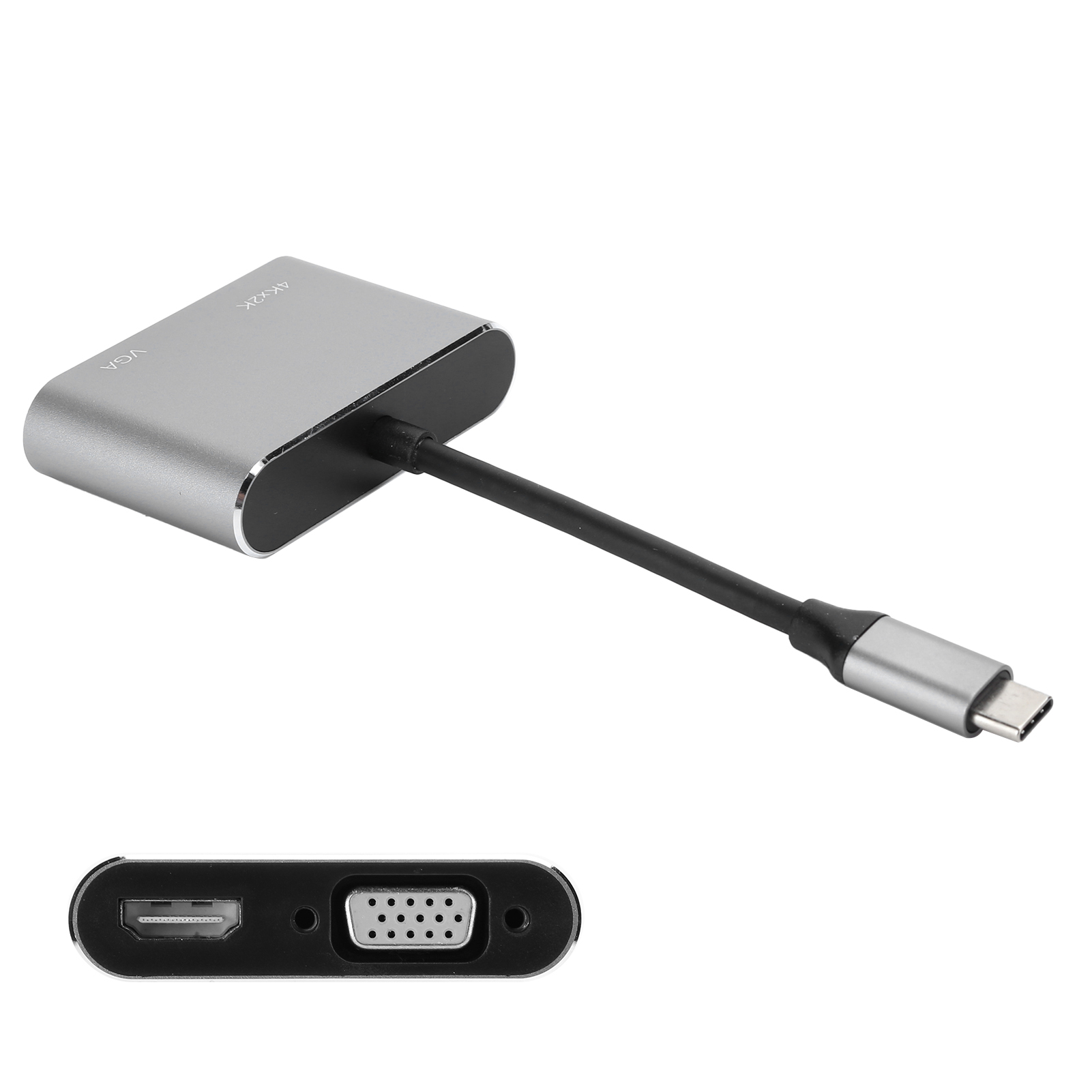 Silberner und schwarzer USB-C-Adapter mit VGA- und HDMI-Anschlüssen. Das Gerät befindet sich auf weißem Hintergrund.