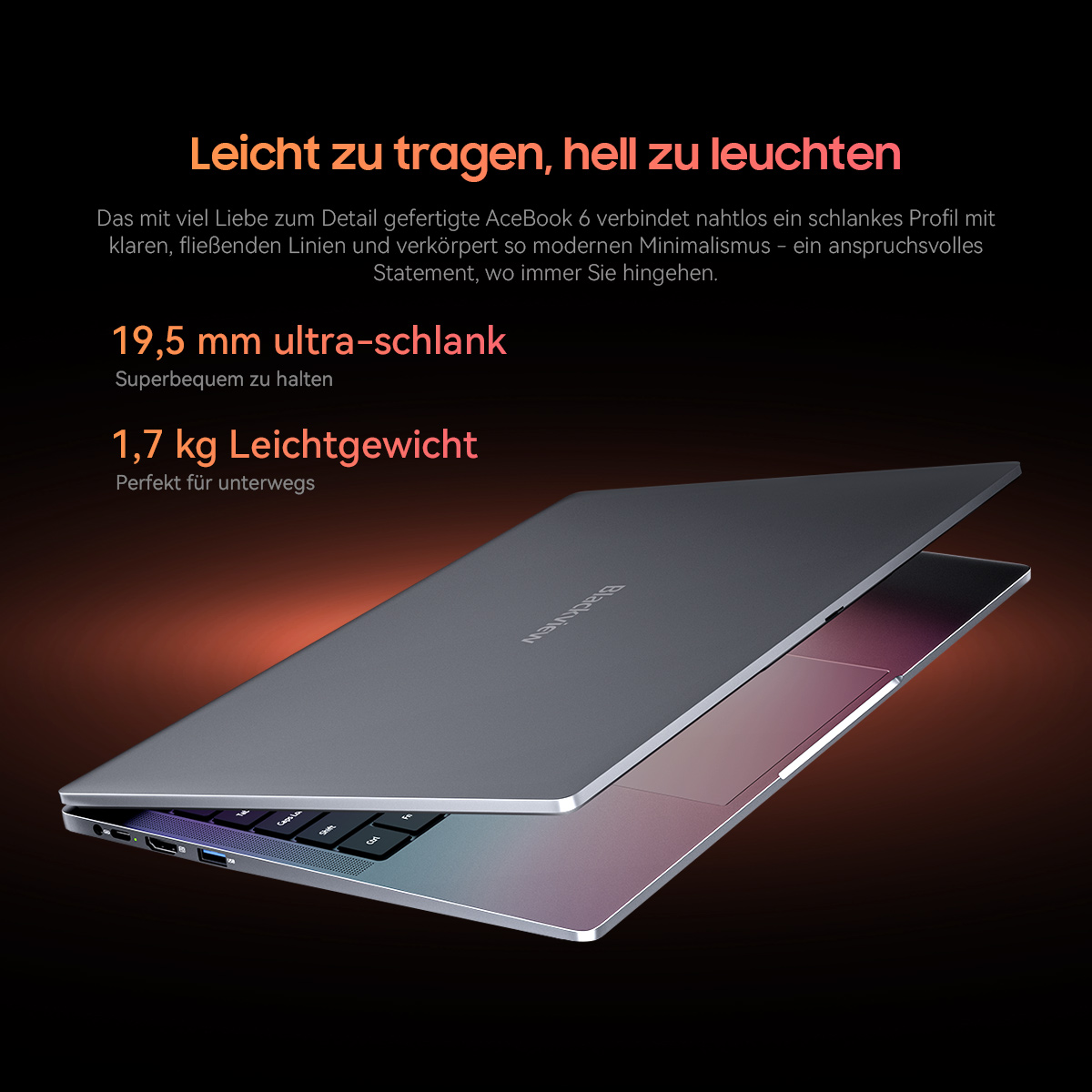Ein silberner Laptop ist leicht geöffnet. Es befindet sich auf einem dunkelorangen Hintergrund. Oben links befinden sich Textbeschreibungen.