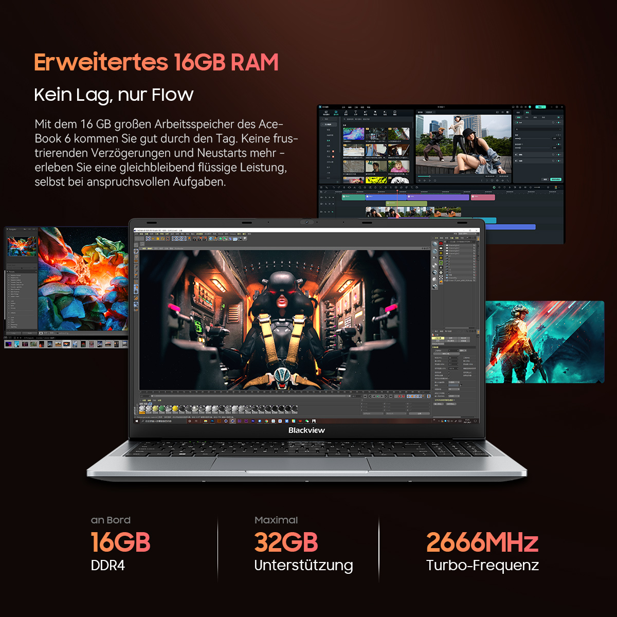 Laptop mit Software, Text über RAM und Spezifikationen. Zeigt Szenen der Videobearbeitung und 3D-Modellierung.